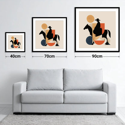 Geometric Western Rider - size guide showing 40cm, 70cm and 90cm art prints