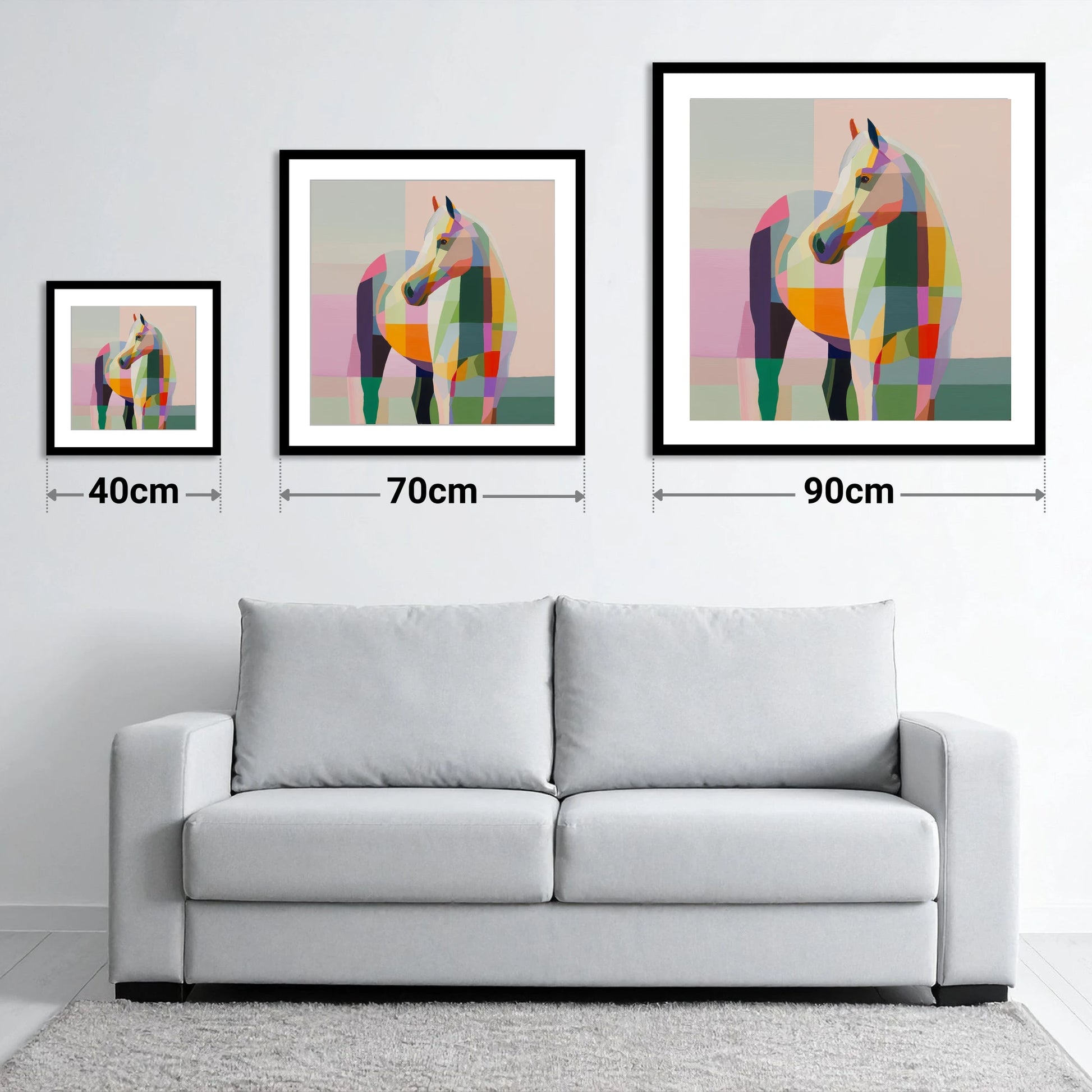 Vivid Equine Mosaic - size guide showing 40cm, 70cm and 90cm art prints