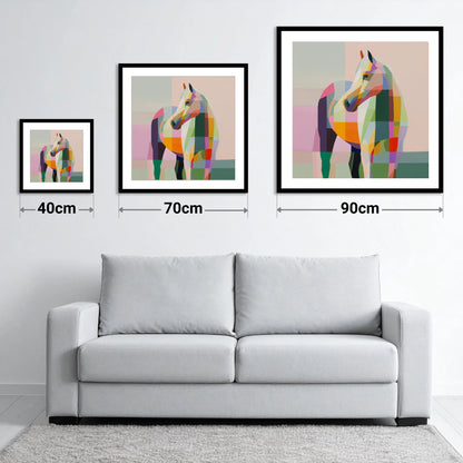 Vivid Equine Mosaic - size guide showing 40cm, 70cm and 90cm art prints