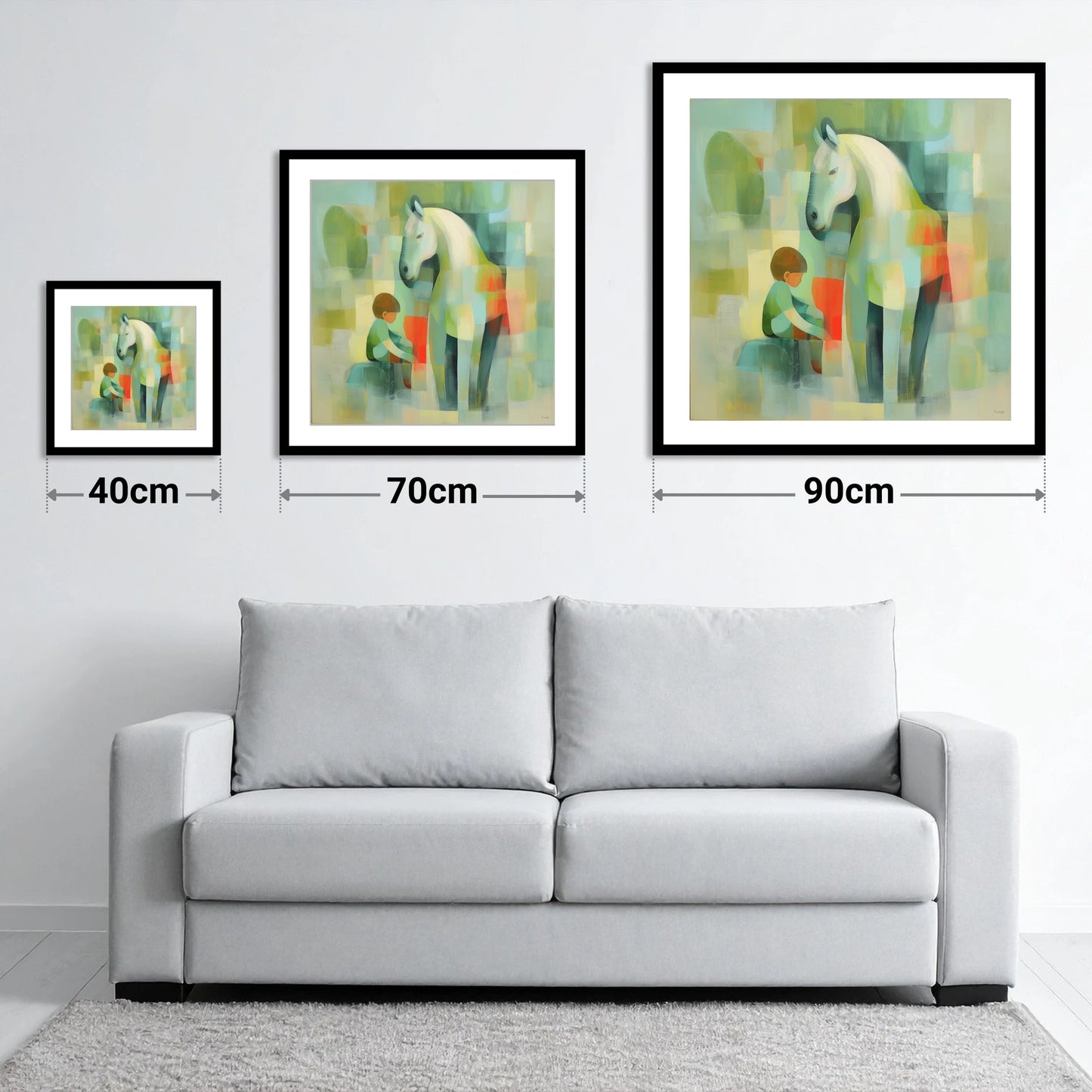 The Quiet Companion - size guide showing 40cm, 70cm and 90cm art prints