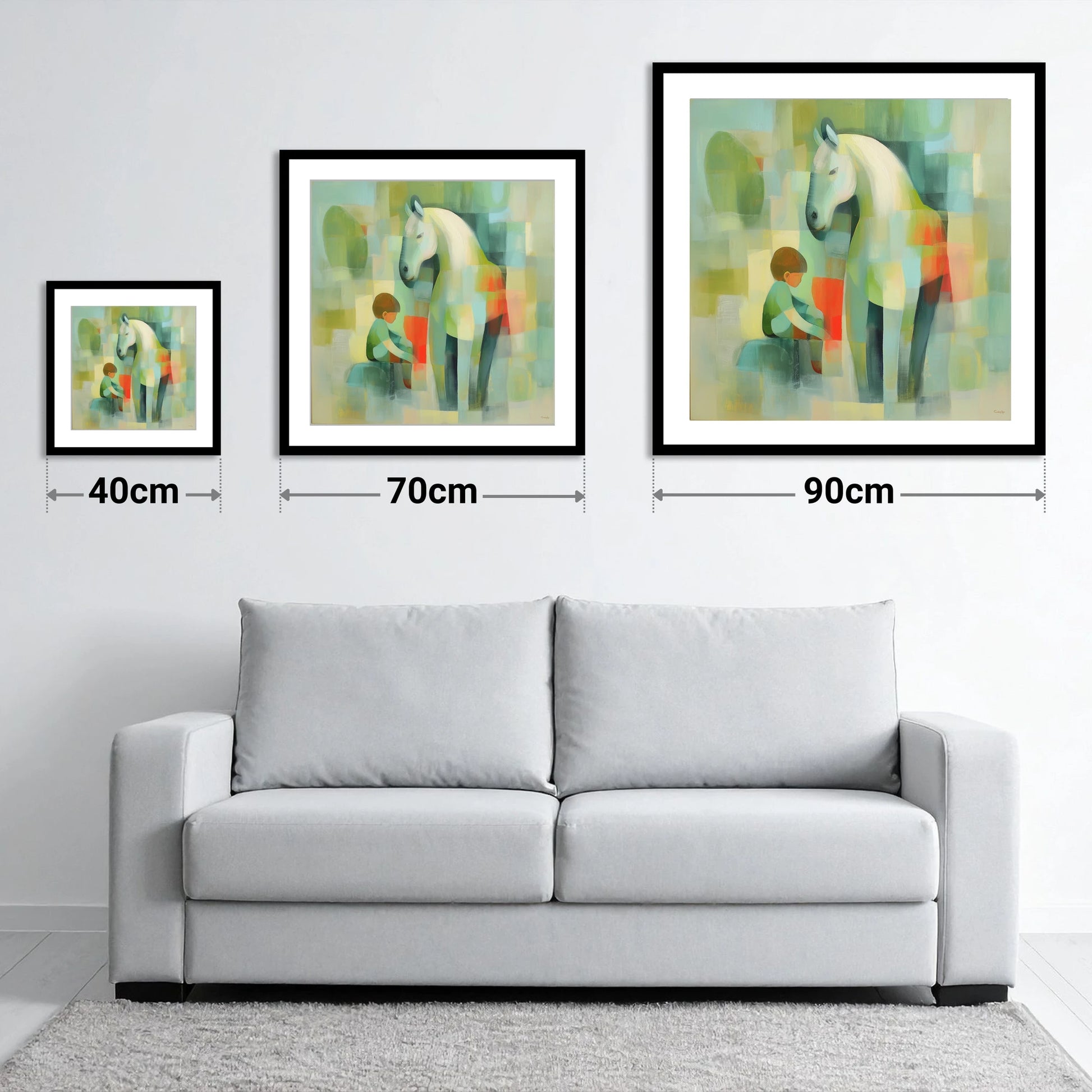 The Quiet Companion - size guide showing 40cm, 70cm and 90cm art prints