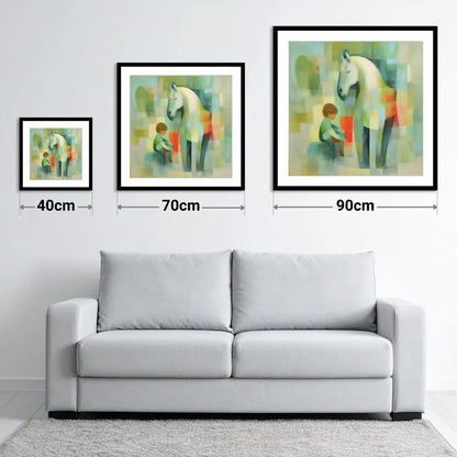 The Quiet Companion - size guide showing 40cm, 70cm and 90cm art prints