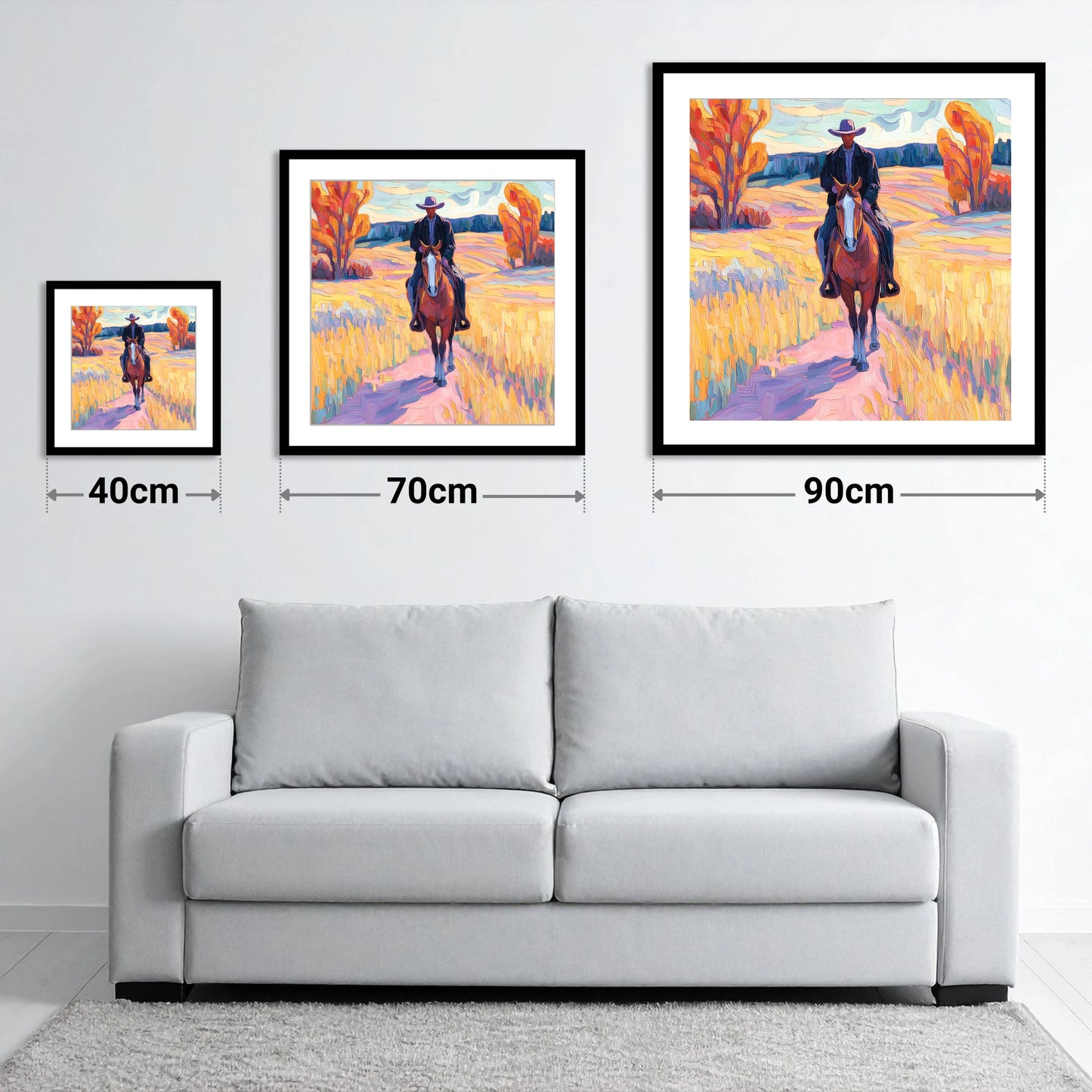 Vibrant Western Trail - size guide showing 40cm, 70cm and 90cm art prints