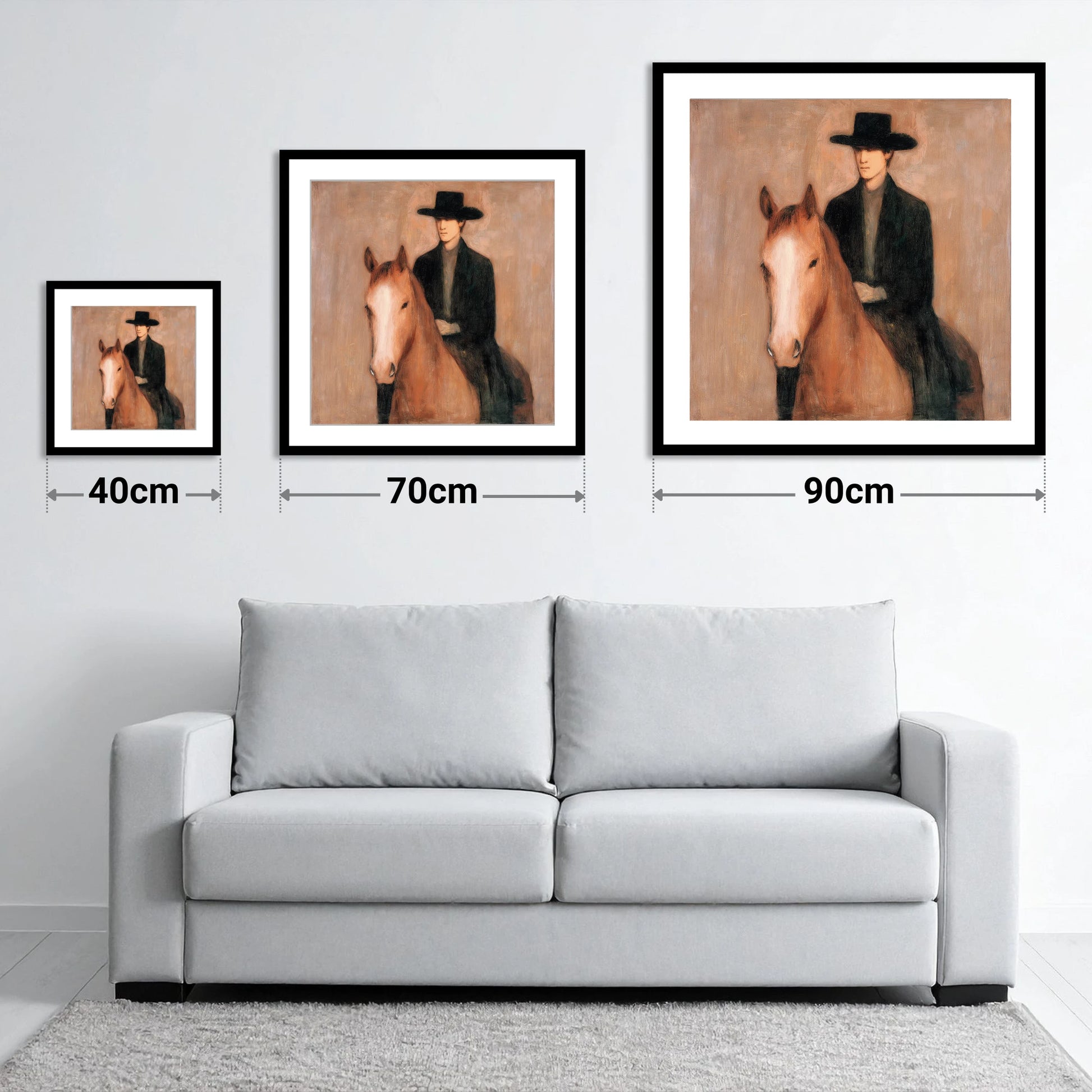 Serene Western Bond - size guide showing 40cm, 70cm and 90cm art prints