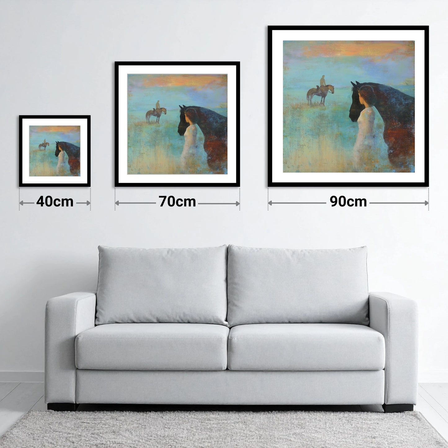 Distant Echoes - size guide showing 40cm, 70cm and 90cm art prints