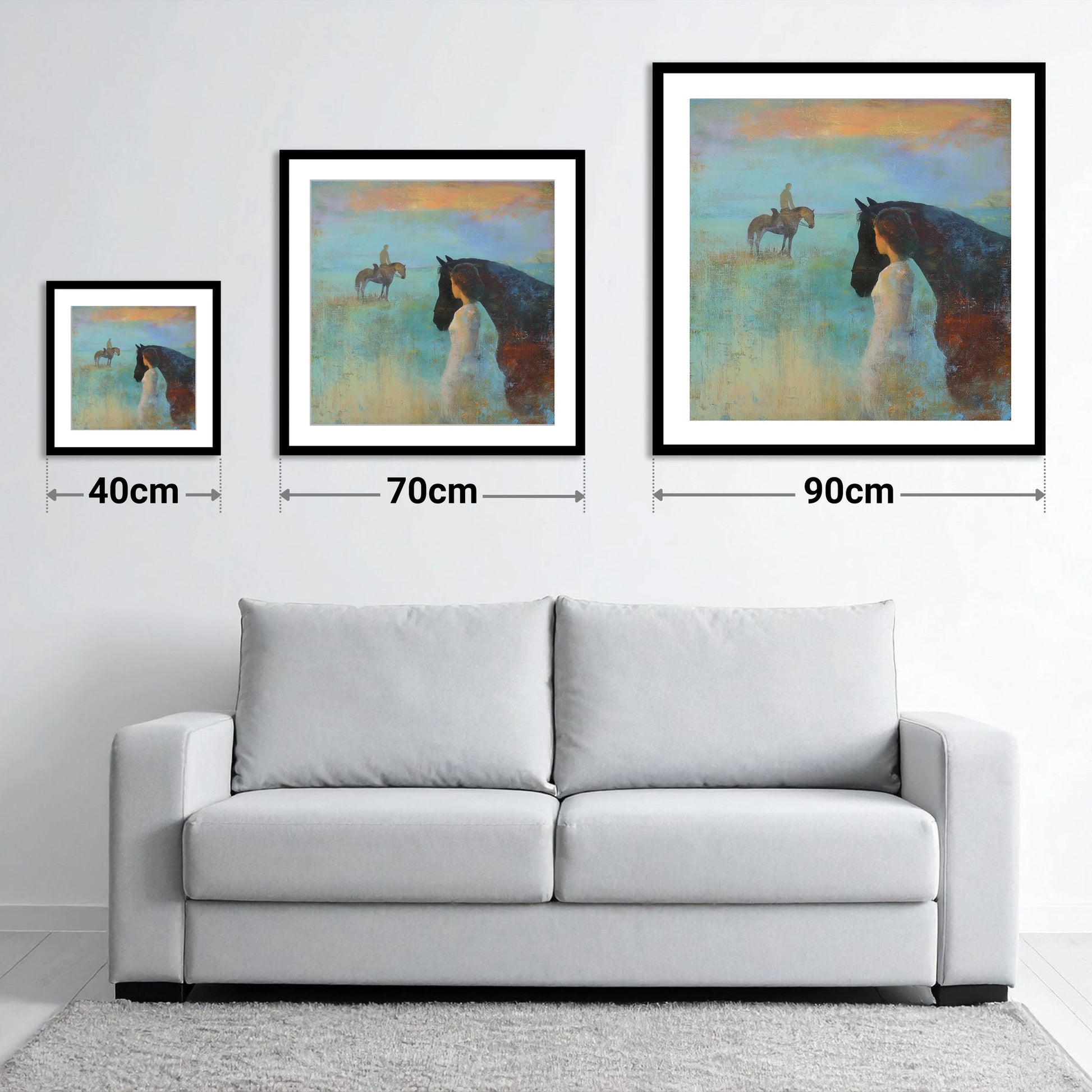 Distant Echoes - size guide showing 40cm, 70cm and 90cm art prints