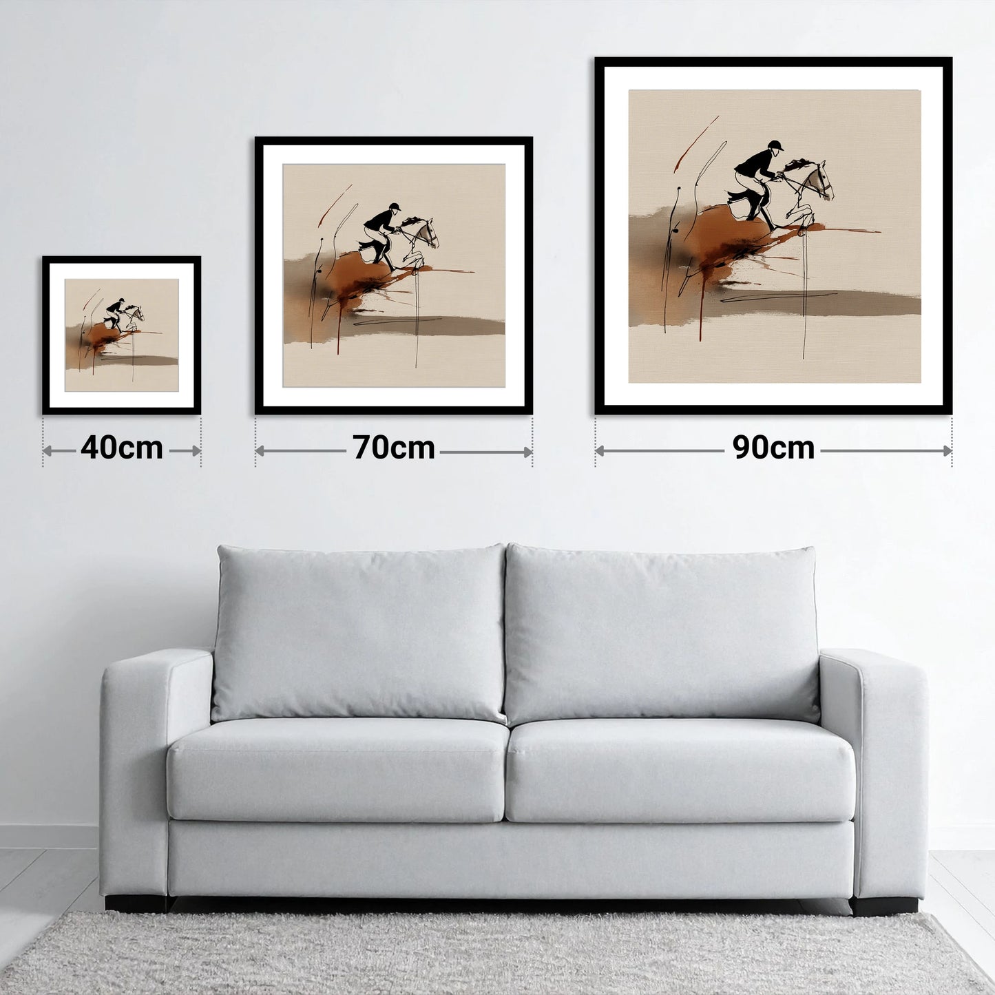 Dynamic Suspension - size guide showing 40cm, 70cm and 90cm art prints