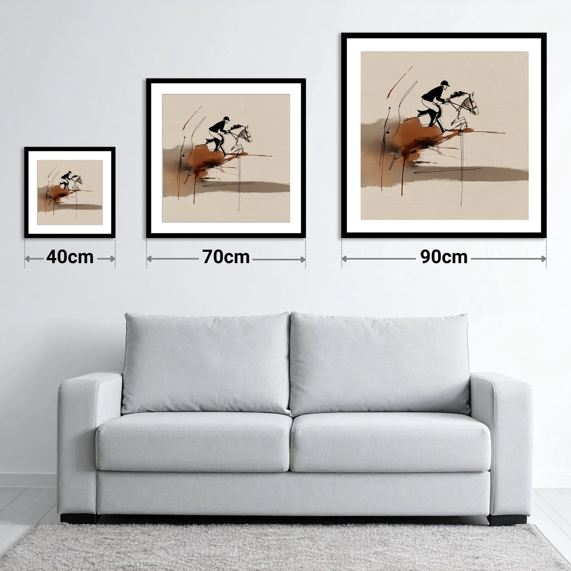 Dynamic Suspension - size guide showing 40cm, 70cm and 90cm art prints