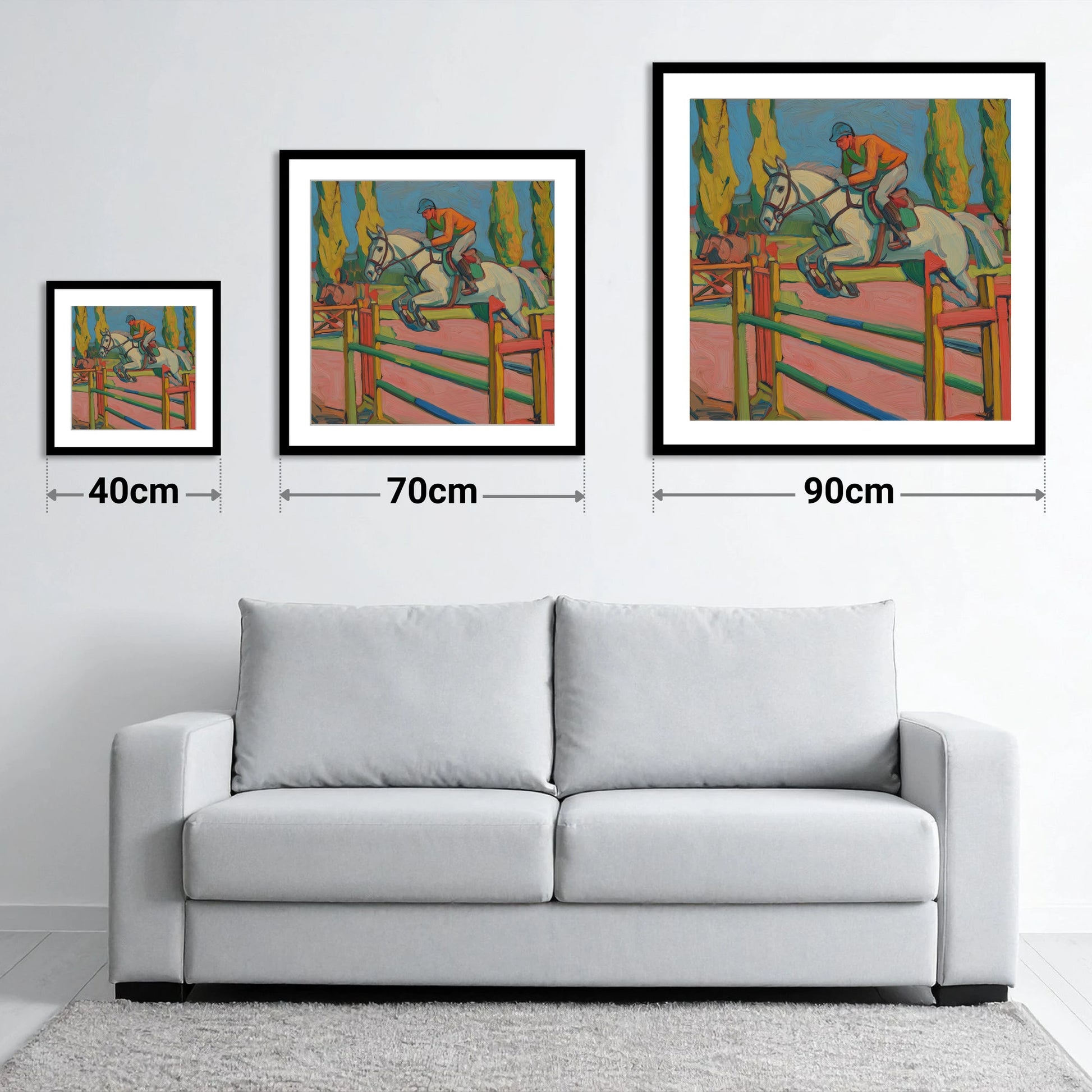 Vibrant Ascent - size guide showing 40cm, 70cm and 90cm art prints