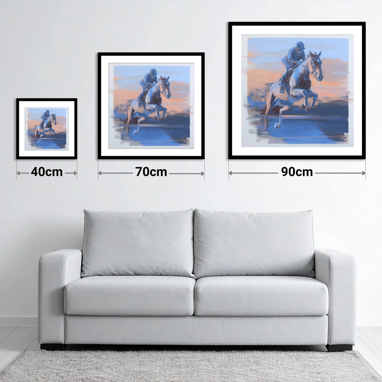 Cobalt Flight - size guide showing 40cm, 70cm and 90cm art prints