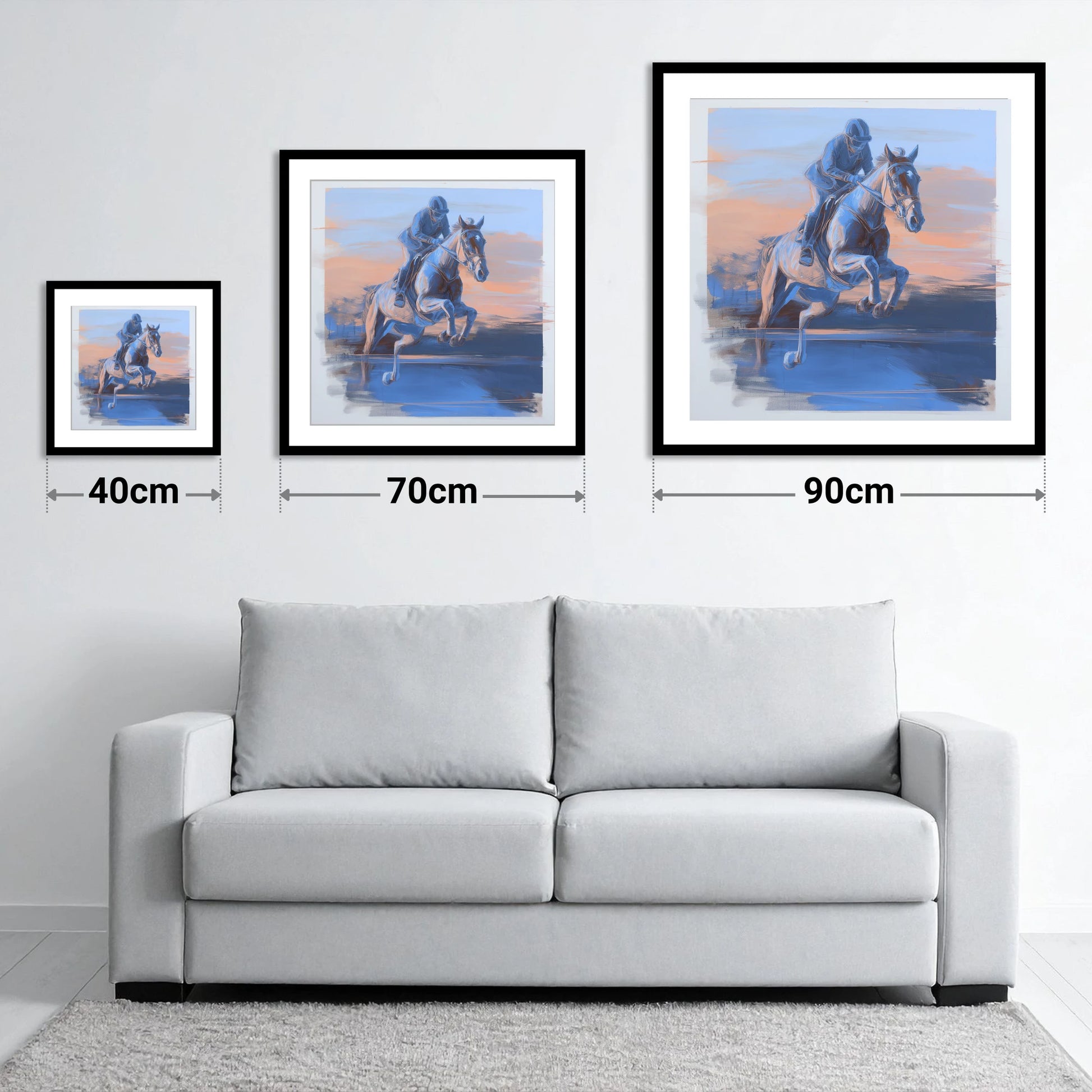 Cobalt Flight - size guide showing 40cm, 70cm and 90cm art prints
