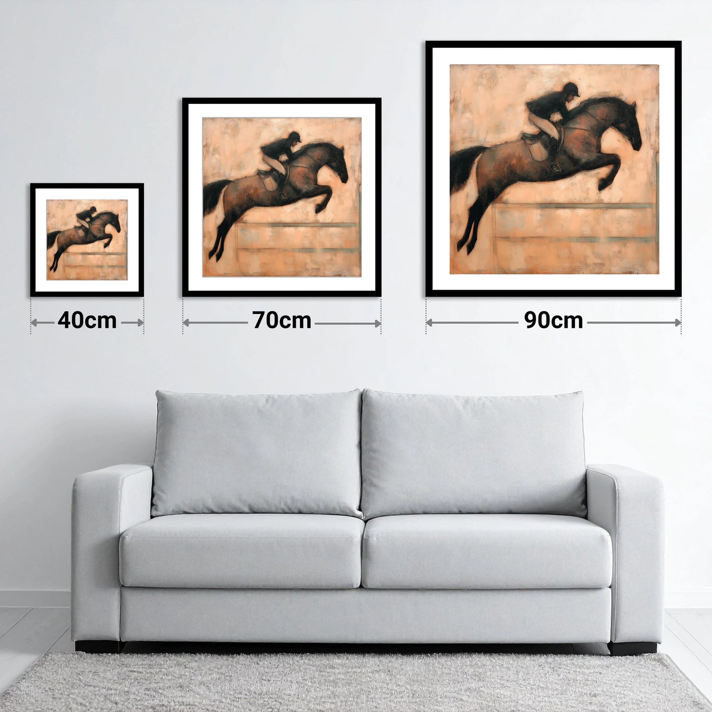 Suspended in Flight - size guide showing 40cm, 70cm and 90cm art prints