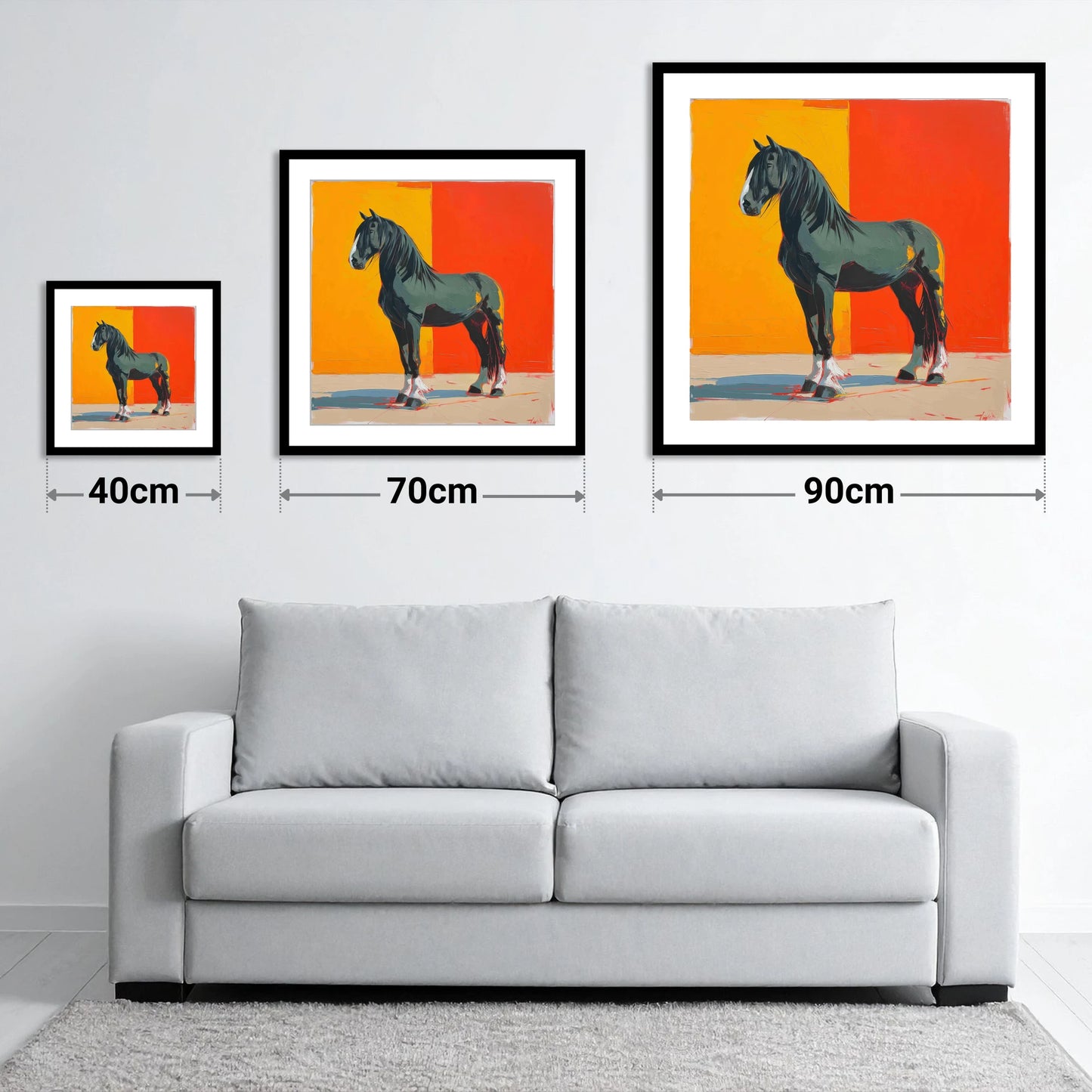 Vibrant Shire Portrait - size guide showing 40cm, 70cm and 90cm art prints