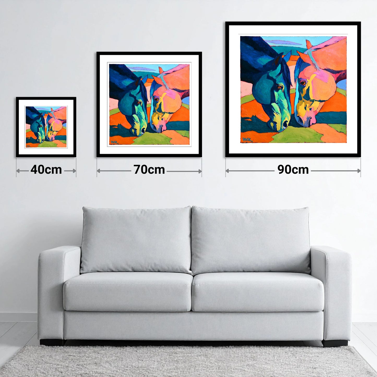 Vibrant Companions - size guide showing 40cm, 70cm and 90cm art prints