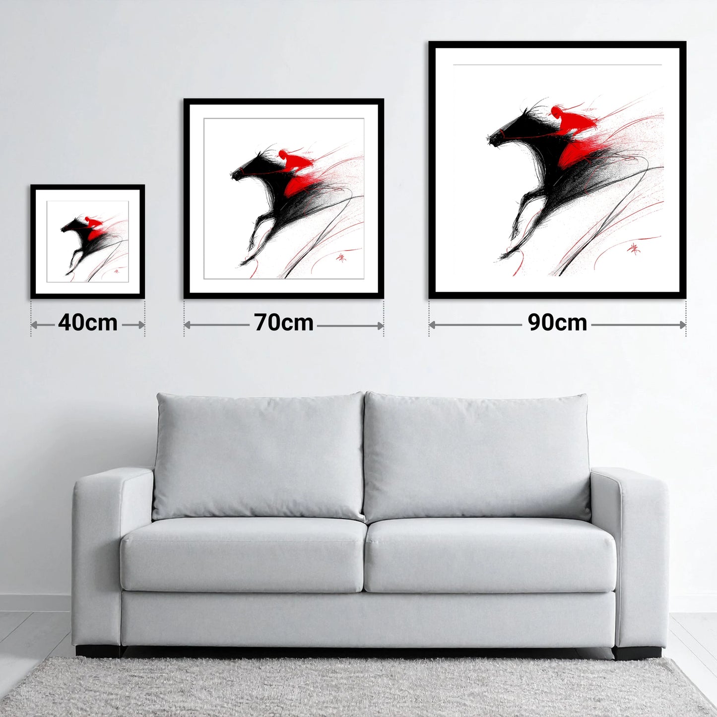 Adrenaline in Red - size guide showing 40cm, 70cm and 90cm art prints