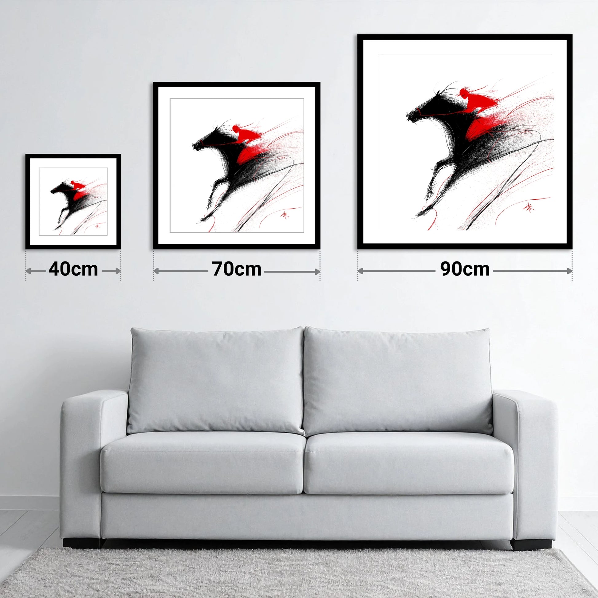 Adrenaline in Red - size guide showing 40cm, 70cm and 90cm art prints