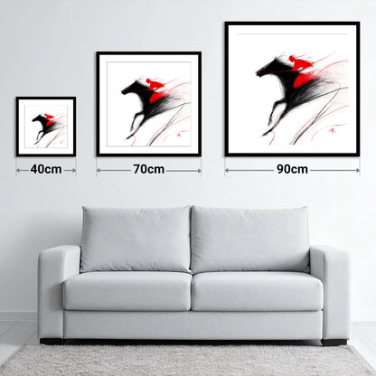Adrenaline in Red - size guide showing 40cm, 70cm and 90cm art prints