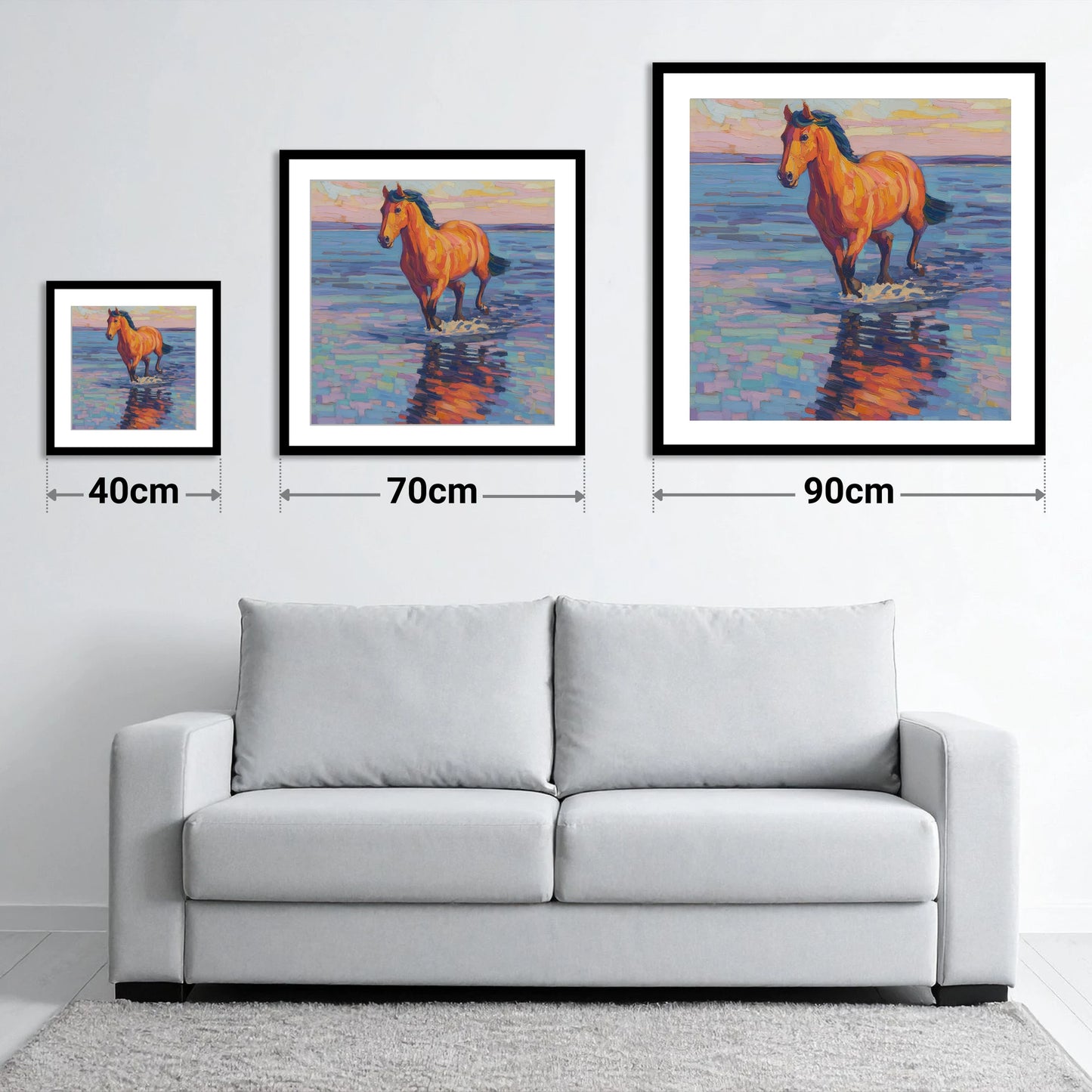 Sunset Shallows Stride - size guide showing 40cm, 70cm and 90cm art prints