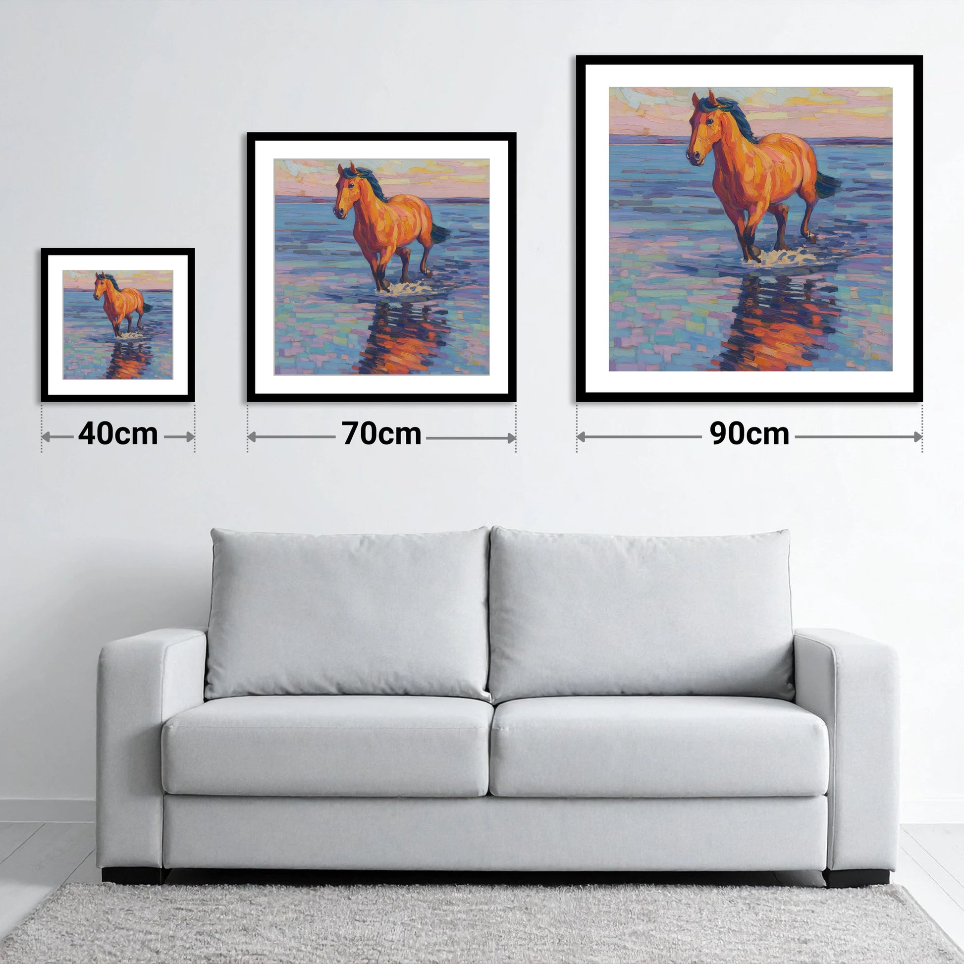 Sunset Shallows Stride - size guide showing 40cm, 70cm and 90cm art prints