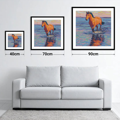 Sunset Shallows Stride - size guide showing 40cm, 70cm and 90cm art prints