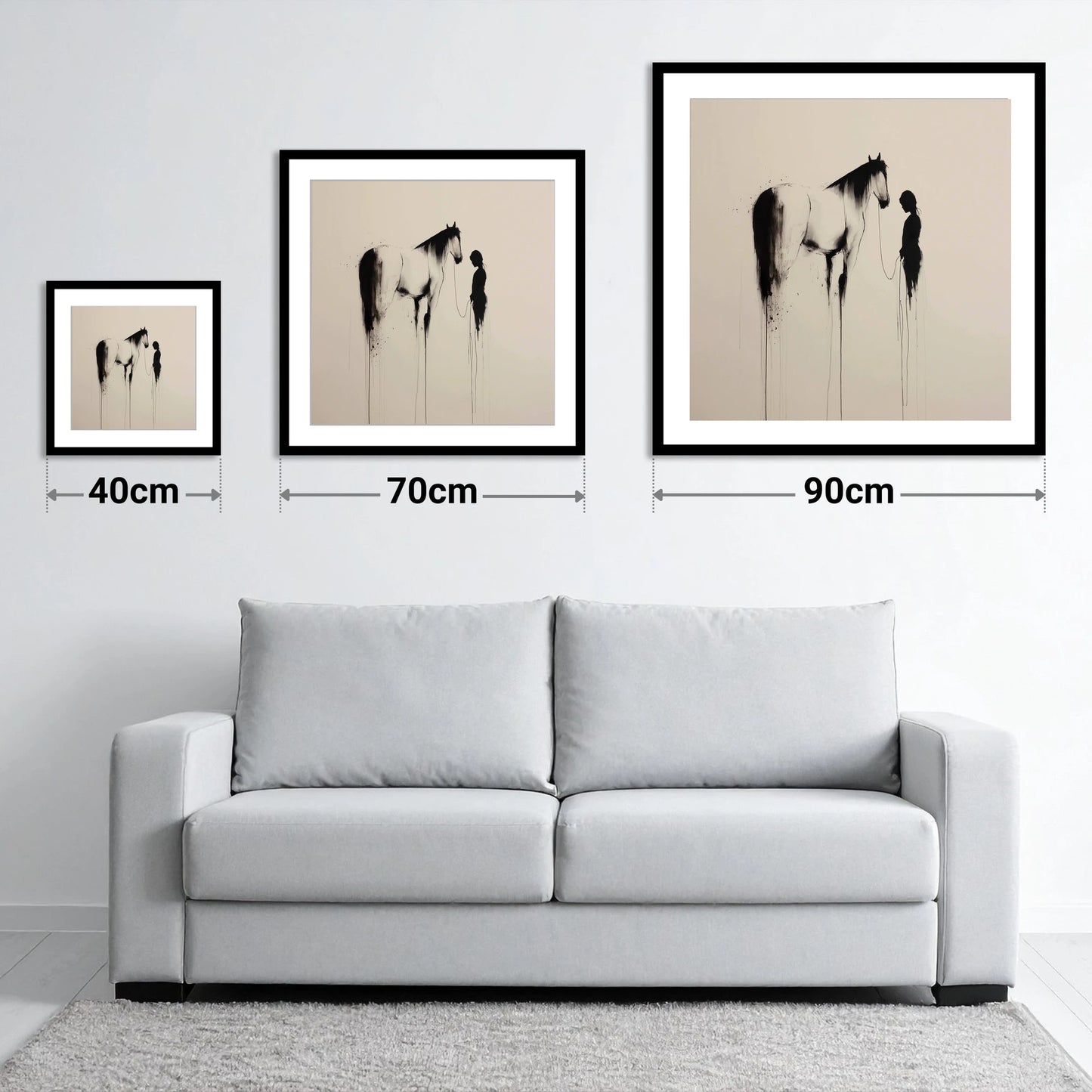The Unspoken Bond - size guide showing 40cm, 70cm and 90cm art prints