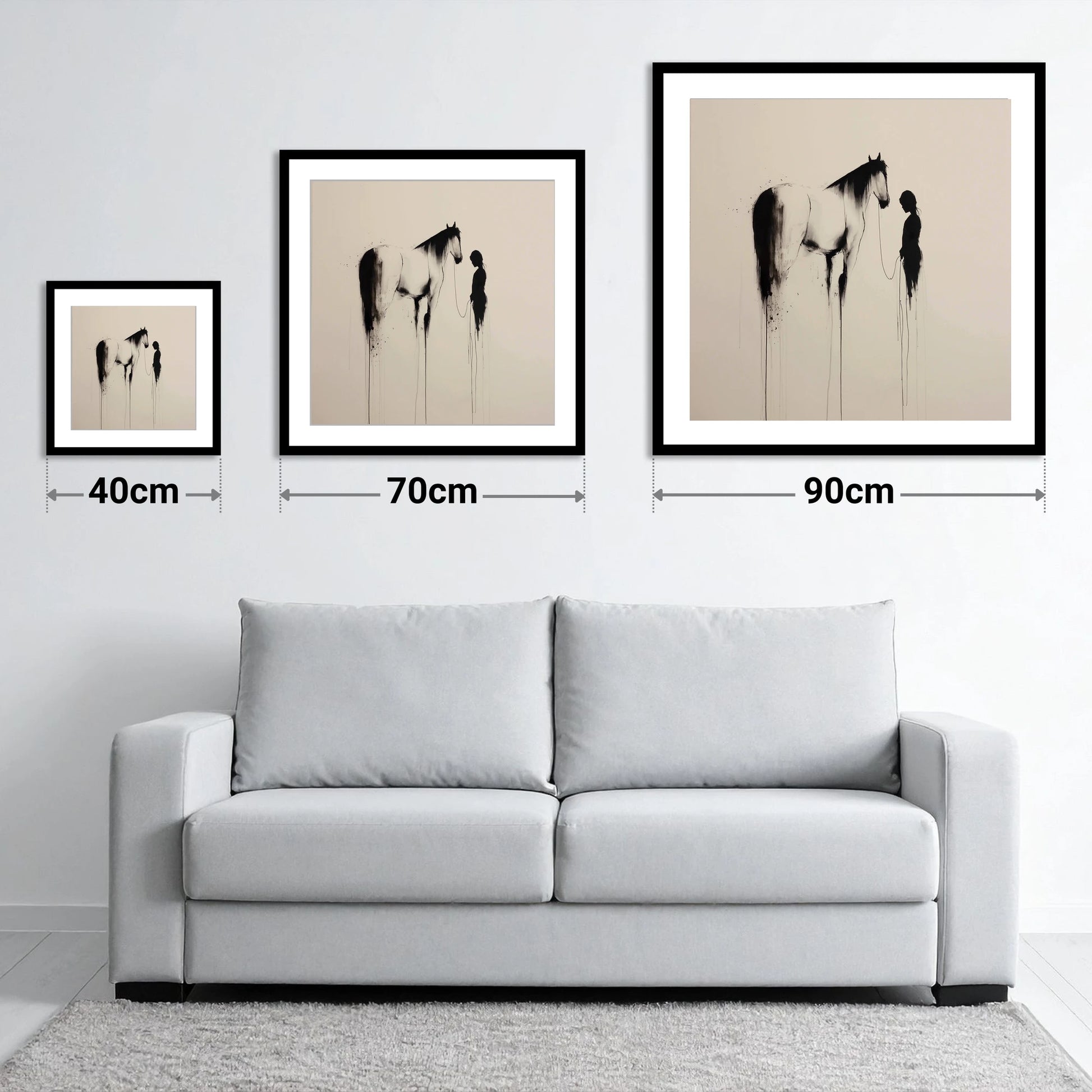 The Unspoken Bond - size guide showing 40cm, 70cm and 90cm art prints