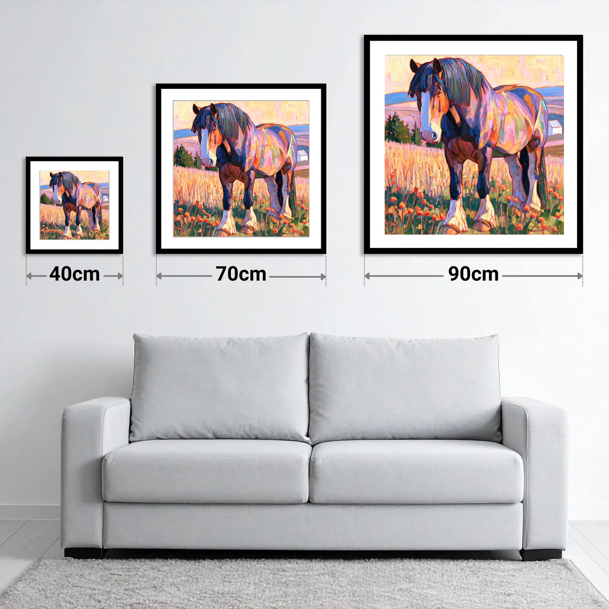 Colourful Heavy Horse in Meadow - size guide showing 40cm, 70cm and 90cm art prints