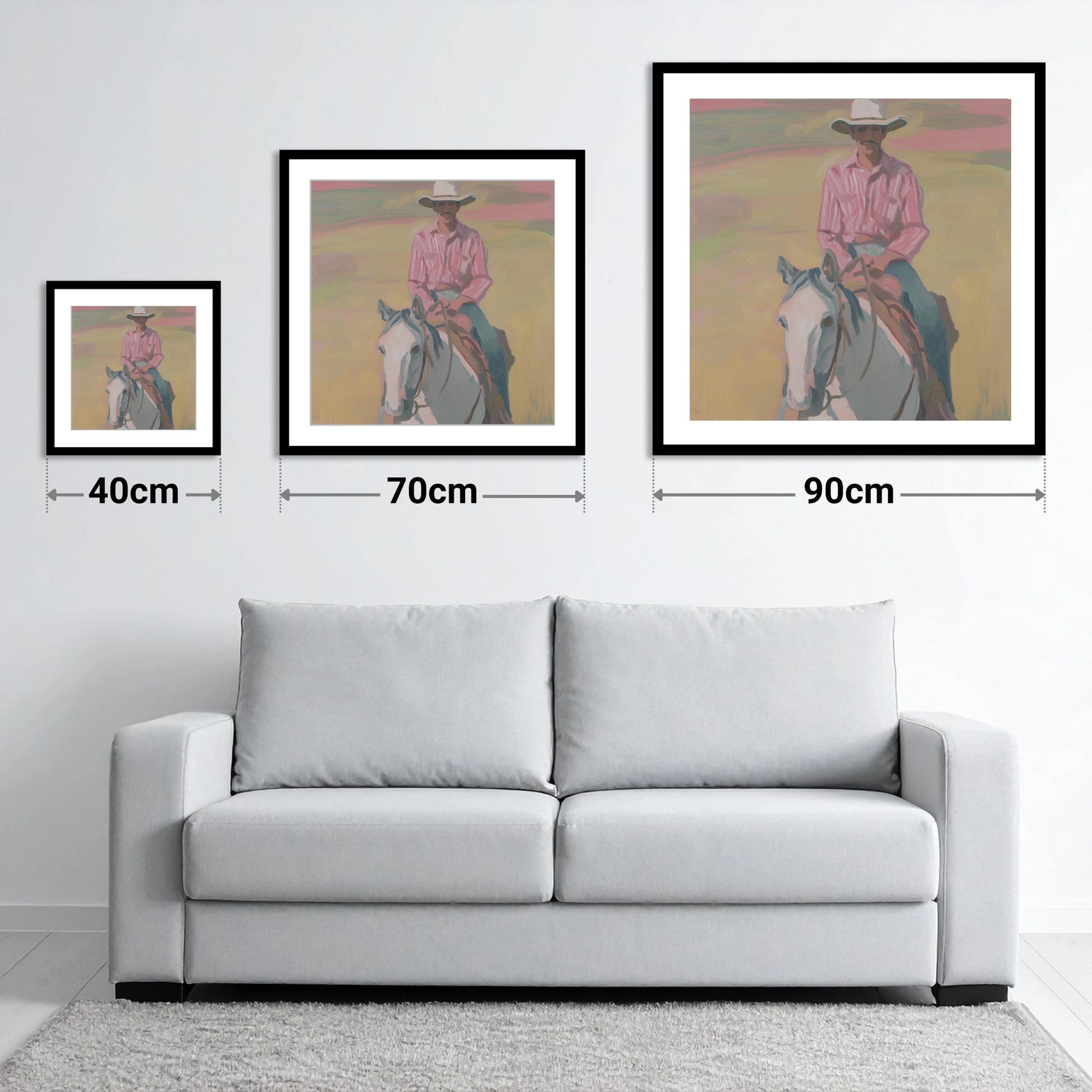 Dusk on the Plains - size guide showing 40cm, 70cm and 90cm art prints