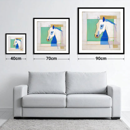 Geometric Azure Equine - size guide showing 40cm, 70cm and 90cm art prints