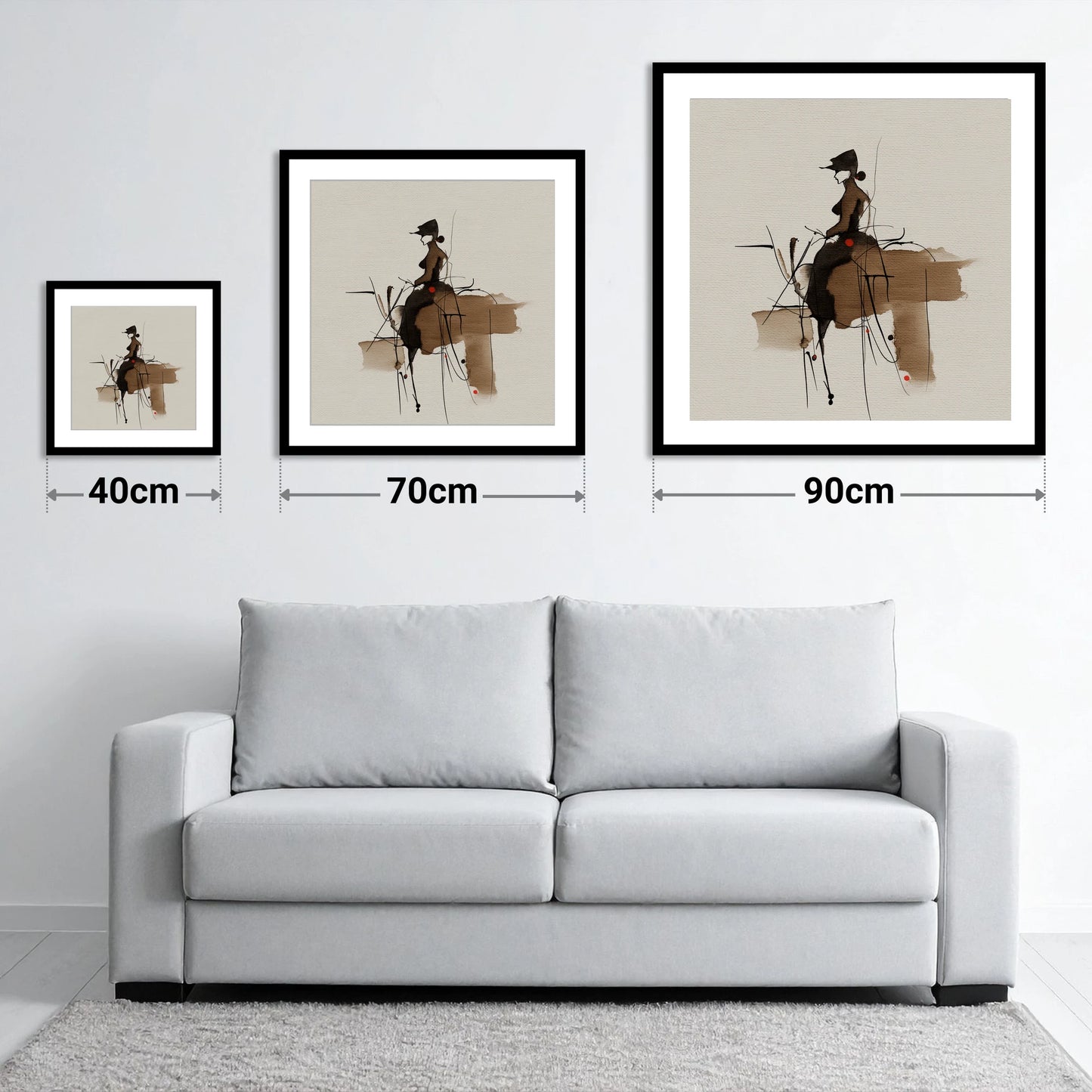 Sepia Ink Rider - size guide showing 40cm, 70cm and 90cm art prints
