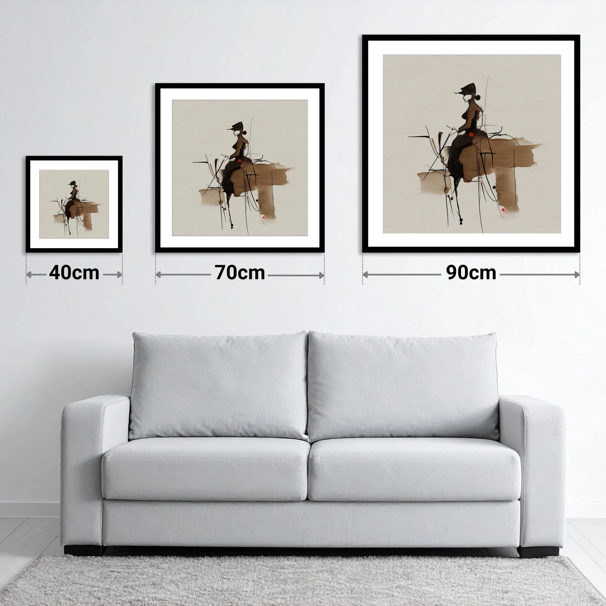 Sepia Ink Rider - size guide showing 40cm, 70cm and 90cm art prints