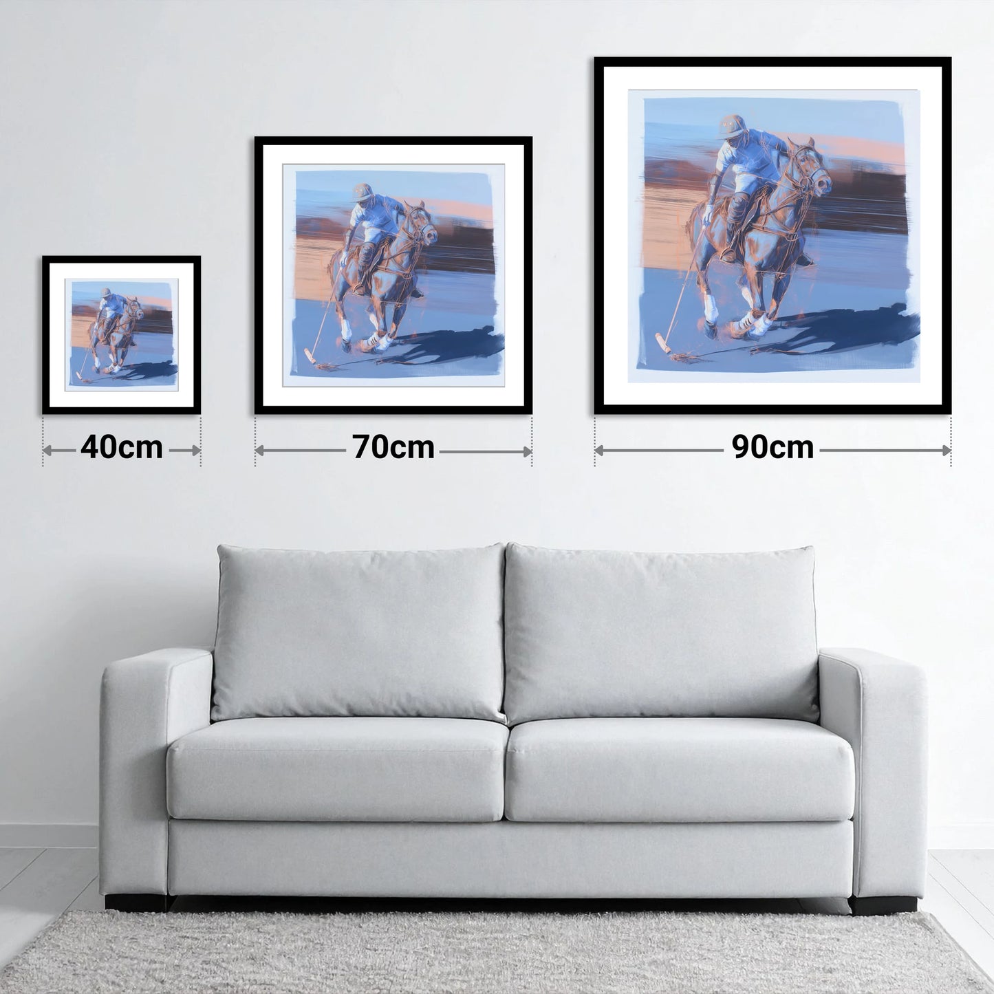 The Cobalt Chukka - size guide showing 40cm, 70cm and 90cm art prints