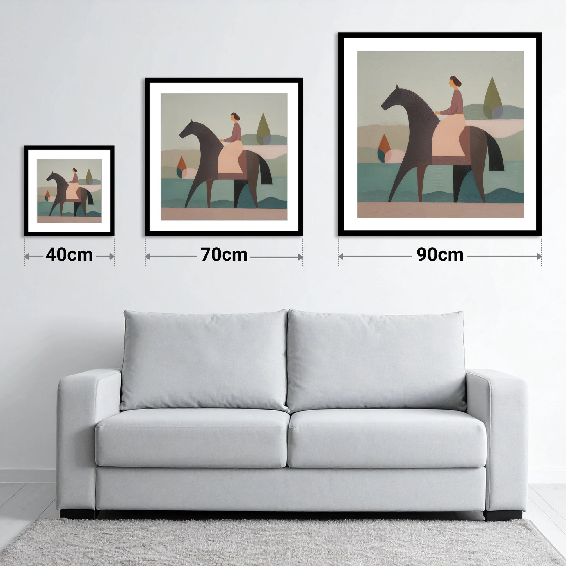Quiet Harmony - size guide showing 40cm, 70cm and 90cm art prints