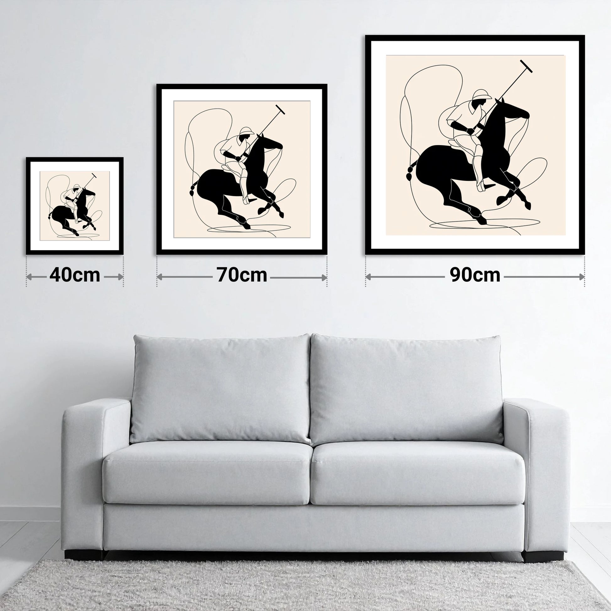Fluid Polo Strike - size guide showing 40cm, 70cm and 90cm art prints