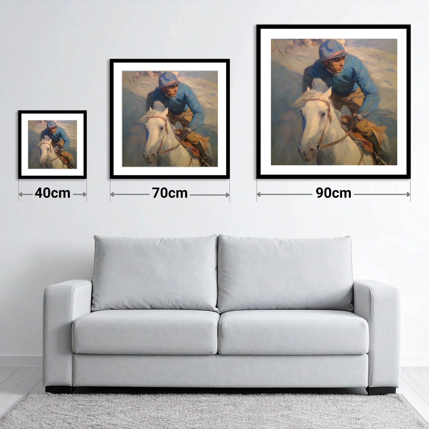 The Forward Glance - size guide showing 40cm, 70cm and 90cm art prints