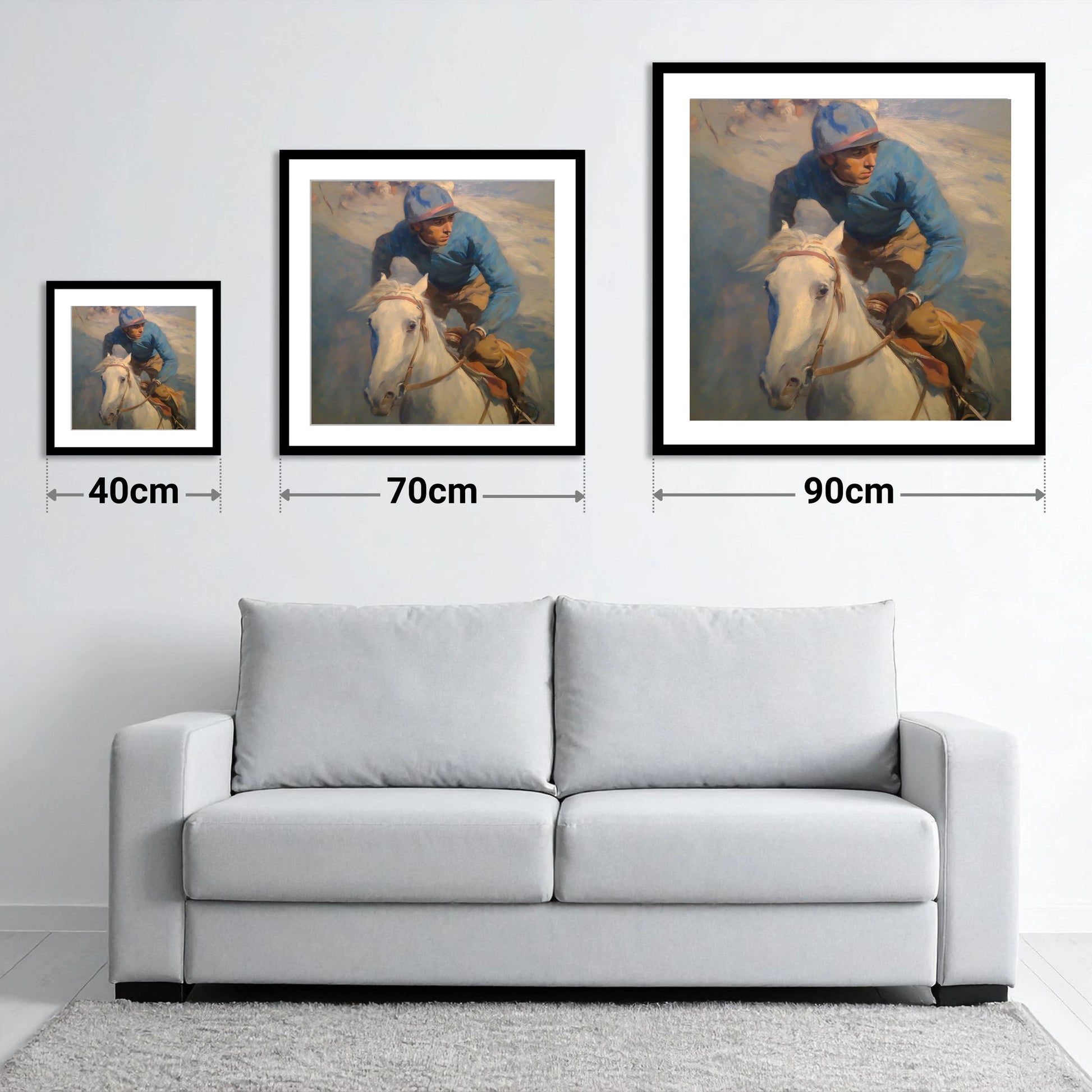 The Forward Glance - size guide showing 40cm, 70cm and 90cm art prints