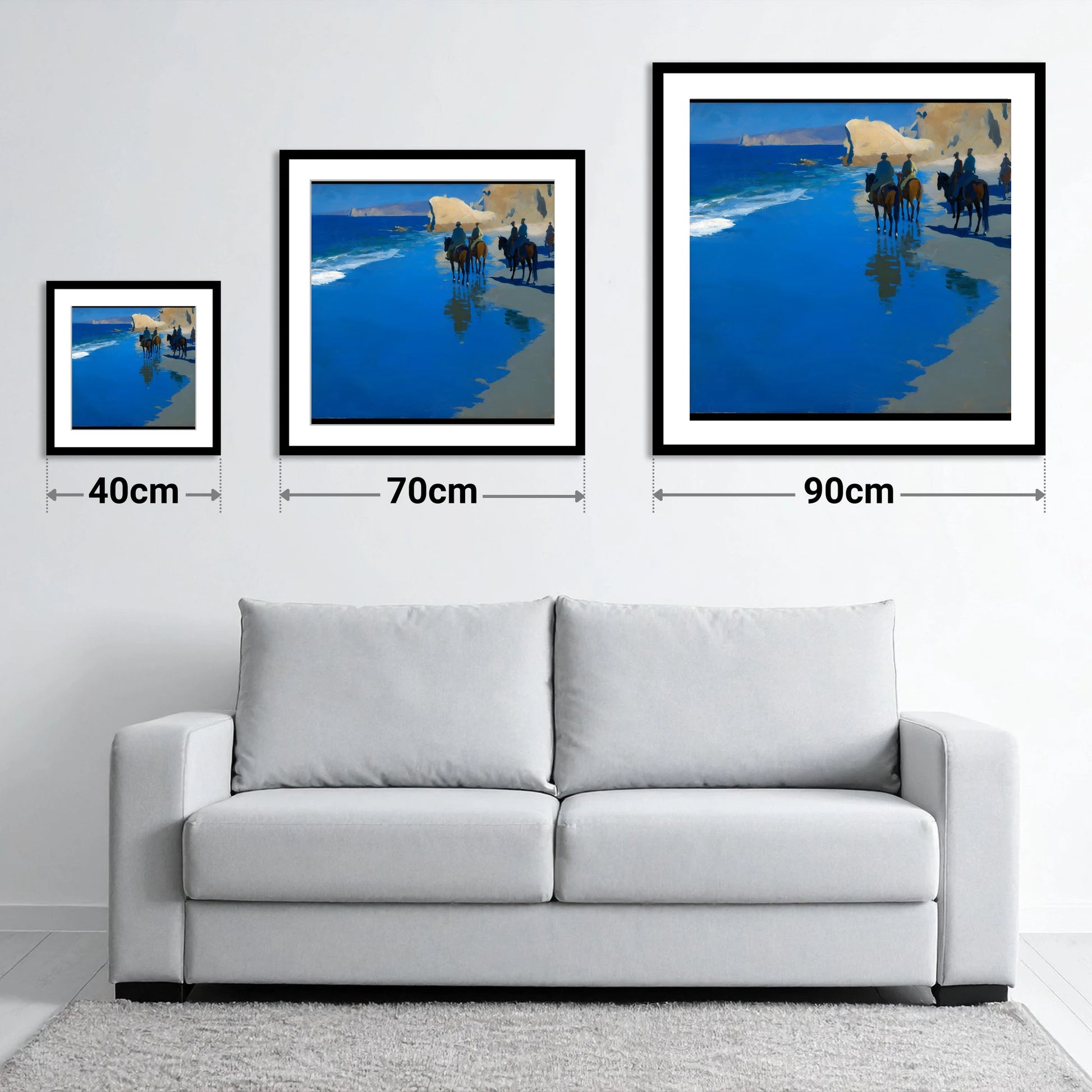 The Azure Shoreline - size guide showing 40cm, 70cm and 90cm art prints