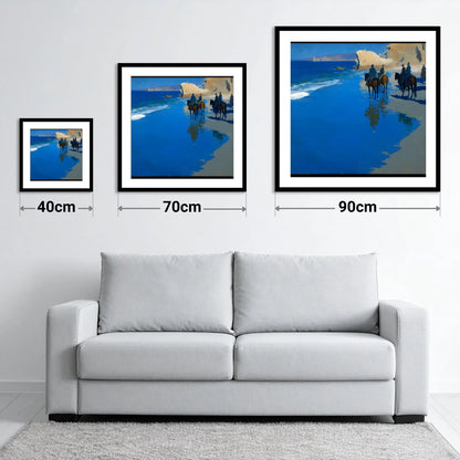 The Azure Shoreline - size guide showing 40cm, 70cm and 90cm art prints