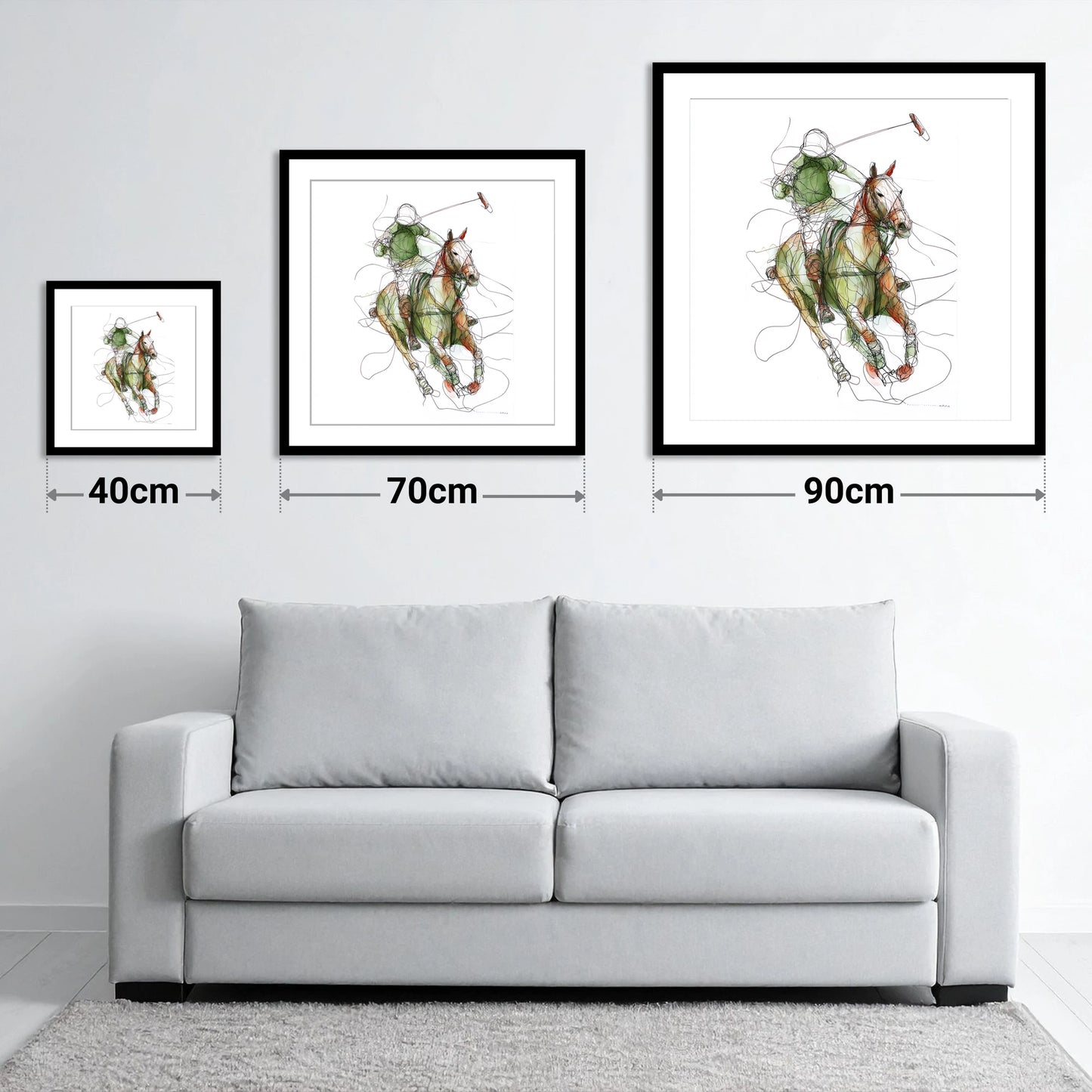 Kinetic Polo Strike - size guide showing 40cm, 70cm and 90cm art prints