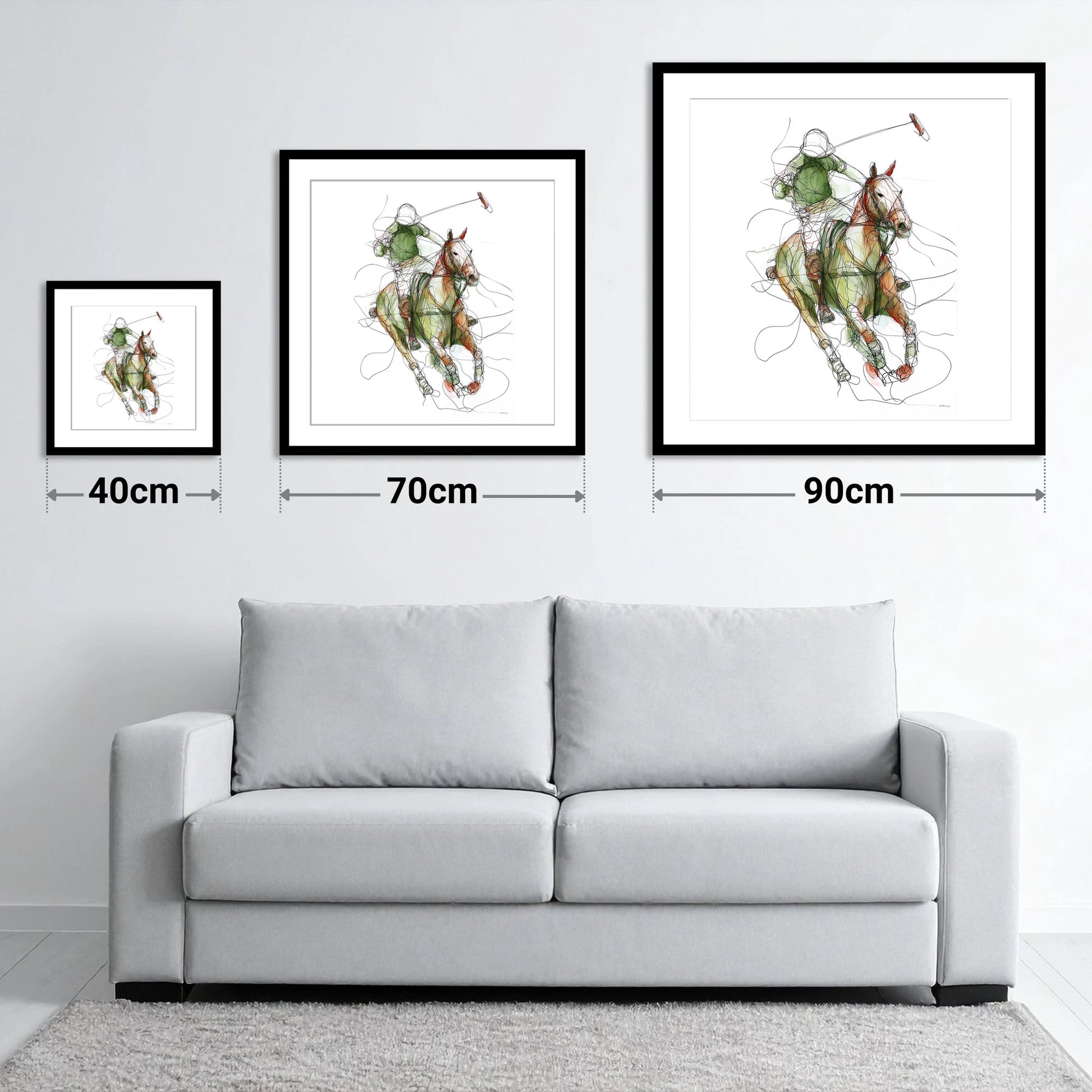 Kinetic Polo Strike - size guide showing 40cm, 70cm and 90cm art prints