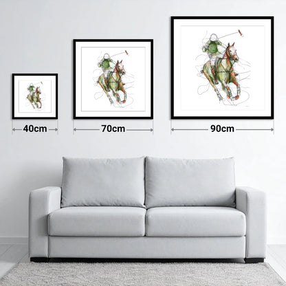 Kinetic Polo Strike - size guide showing 40cm, 70cm and 90cm art prints