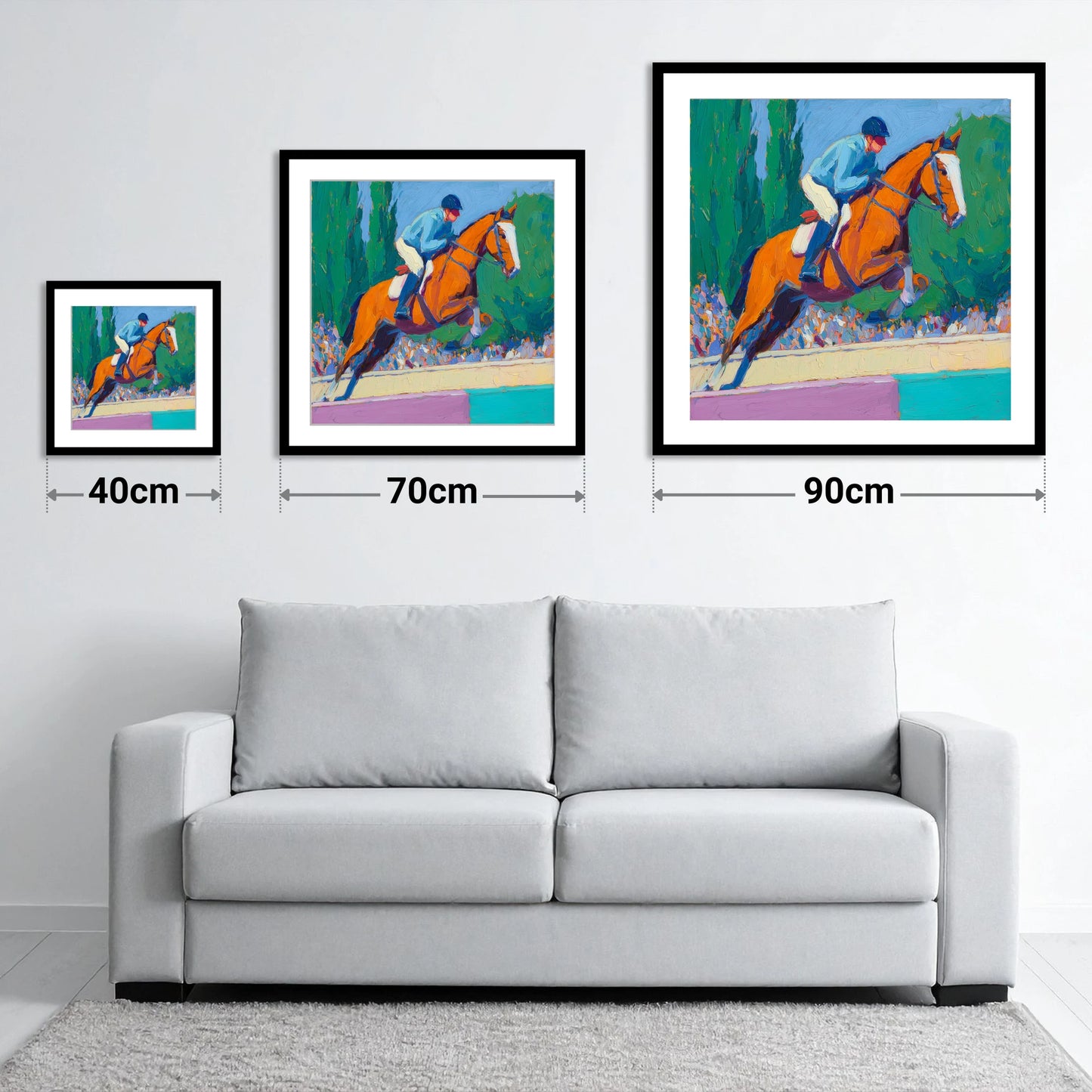 Bold Clear Round - size guide showing 40cm, 70cm and 90cm art prints