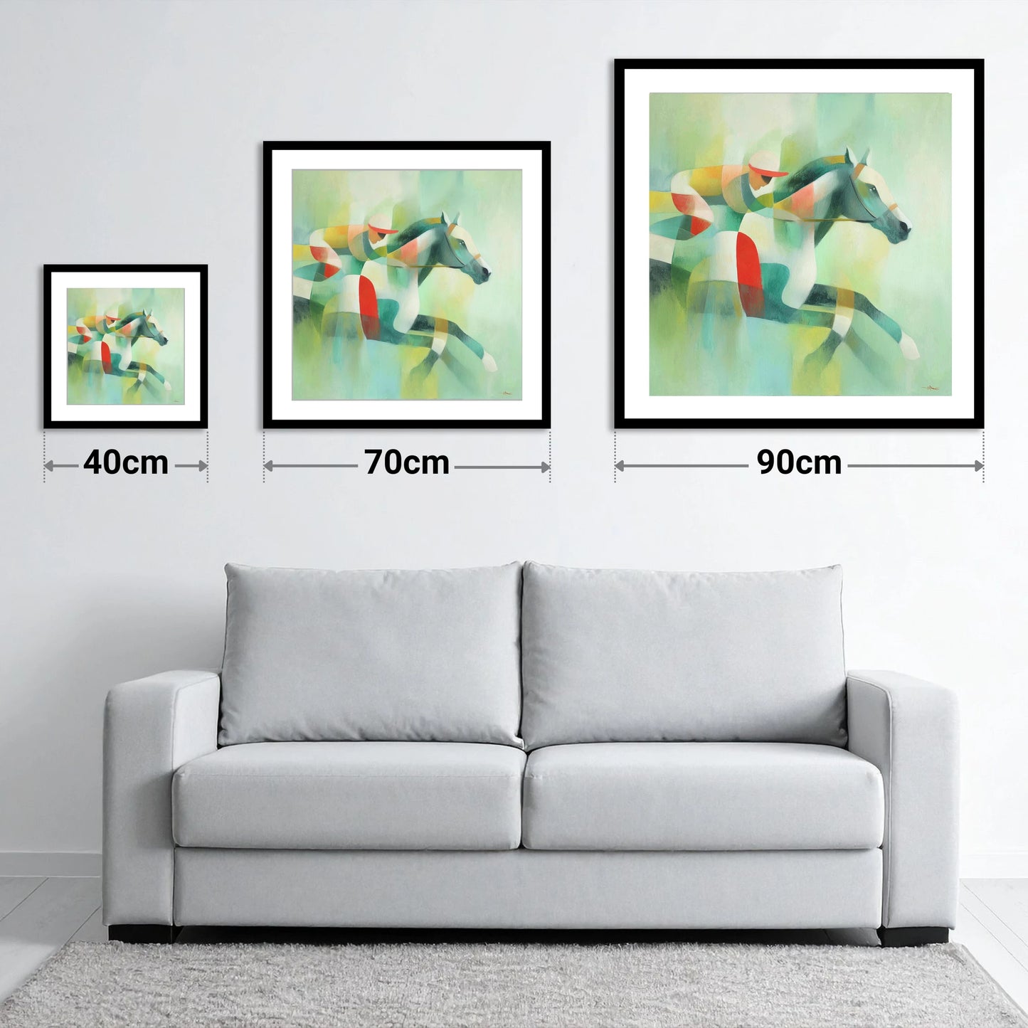 Prismatic Racing Stride - size guide showing 40cm, 70cm and 90cm art prints