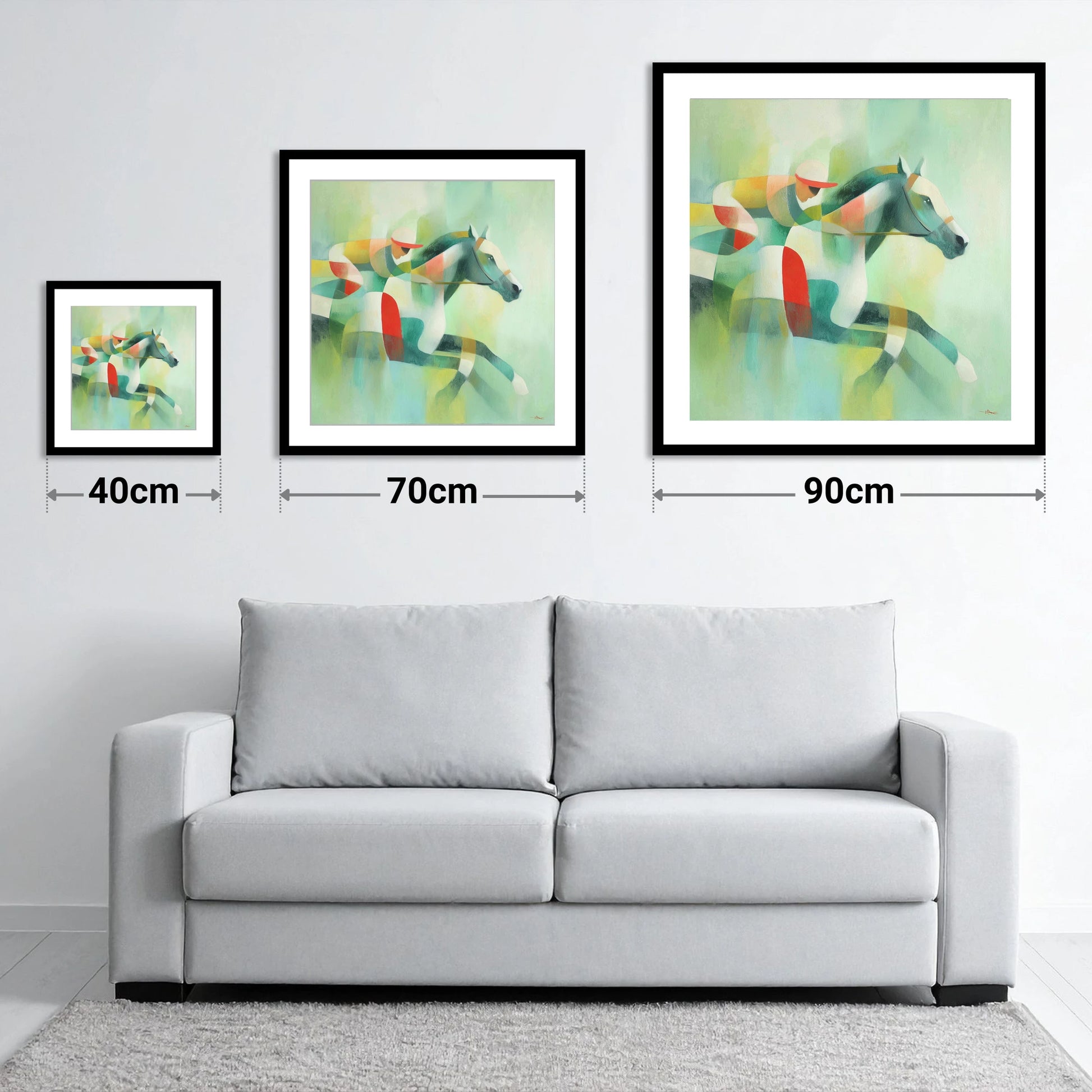 Prismatic Racing Stride - size guide showing 40cm, 70cm and 90cm art prints