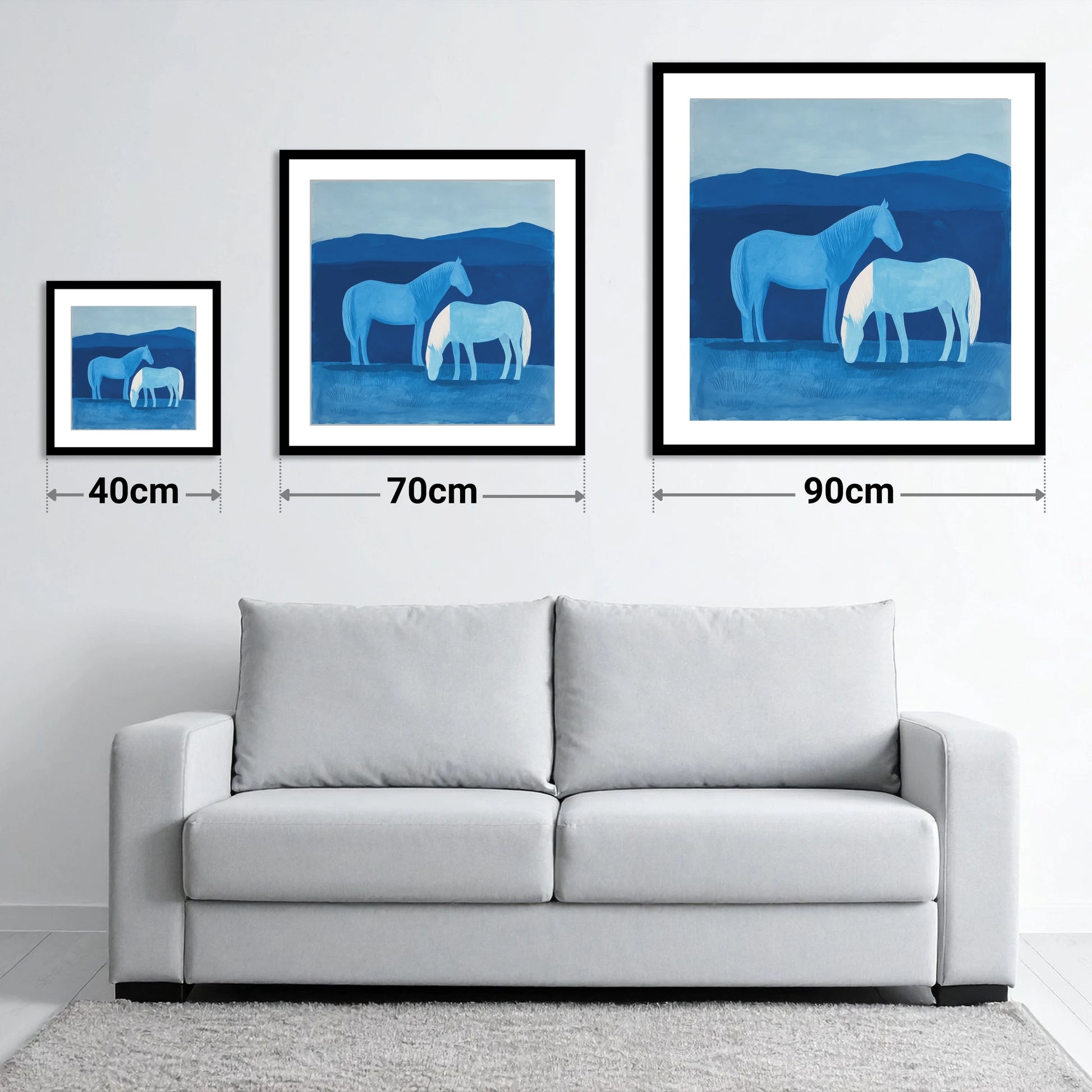 Cobalt Companions - size guide showing 40cm, 70cm and 90cm art prints