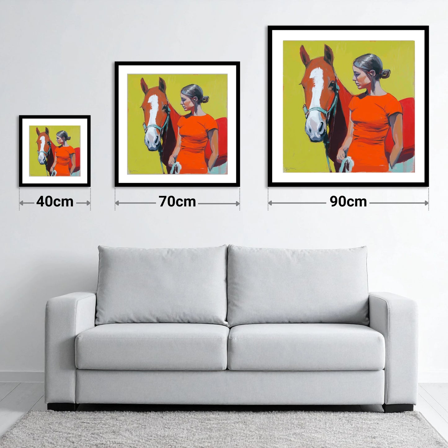 Radiant Bond - size guide showing 40cm, 70cm and 90cm art prints