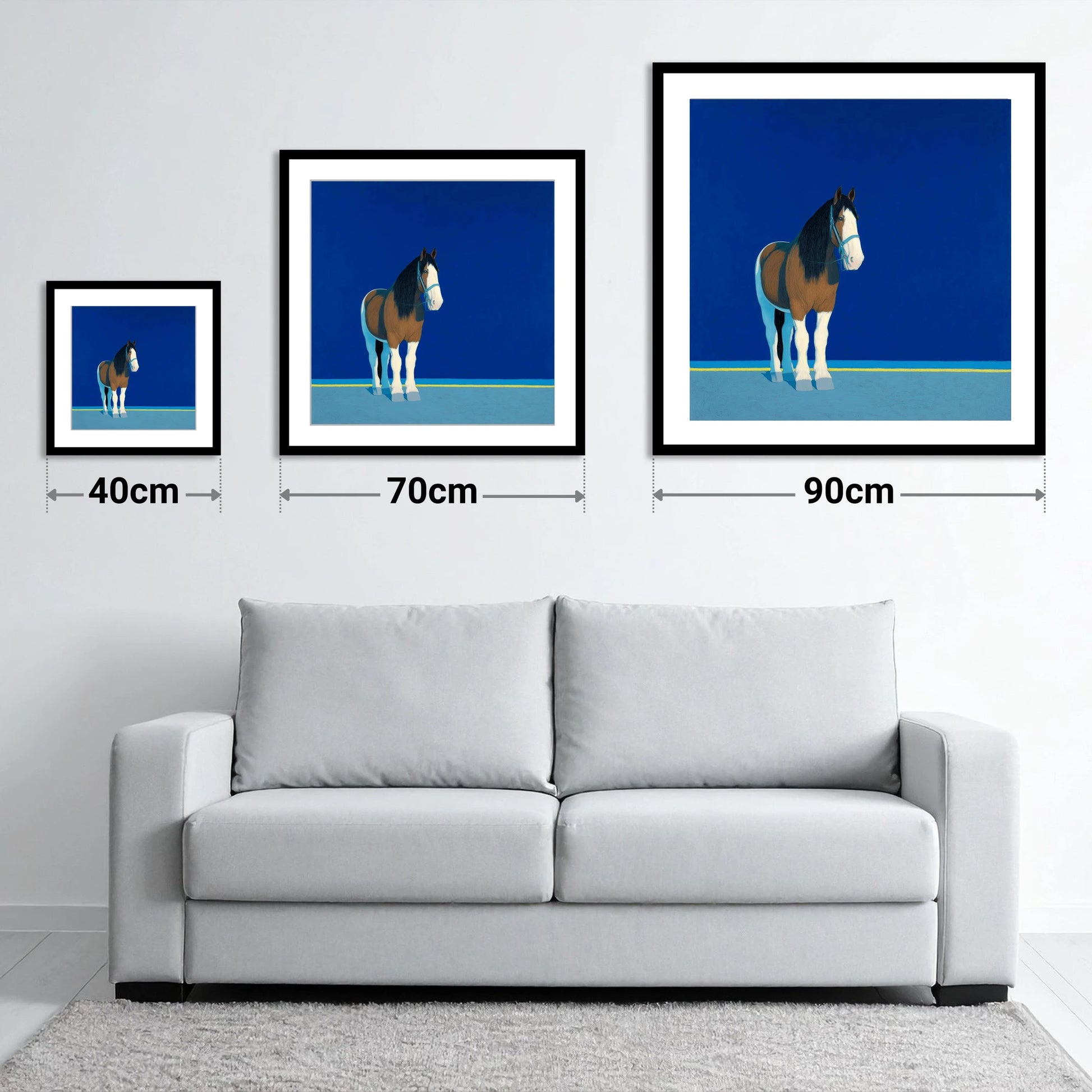 Cobalt Horizon - size guide showing 40cm, 70cm and 90cm art prints