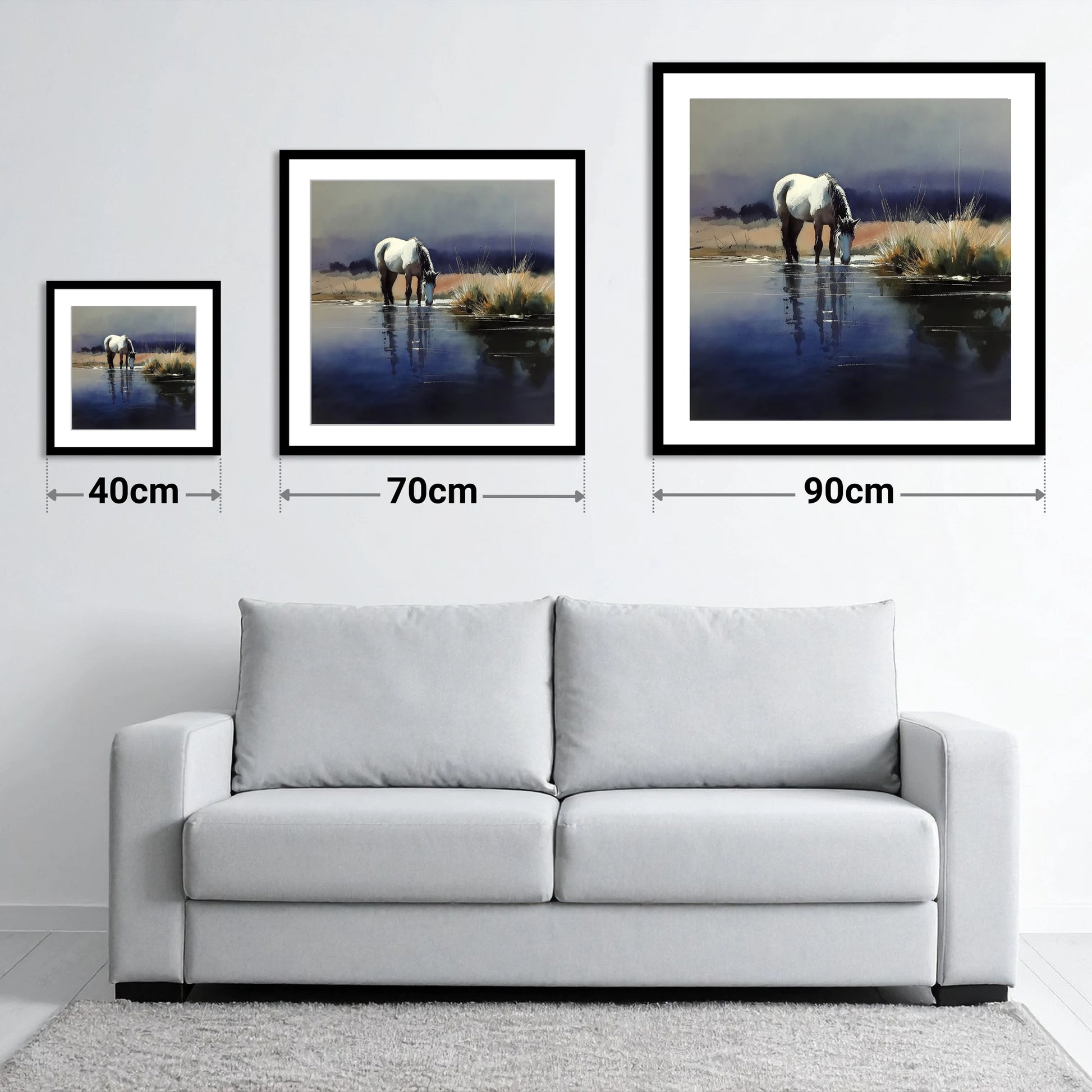 Indigo Reflections - size guide showing 40cm, 70cm and 90cm art prints