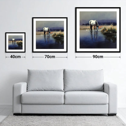 Indigo Reflections - size guide showing 40cm, 70cm and 90cm art prints