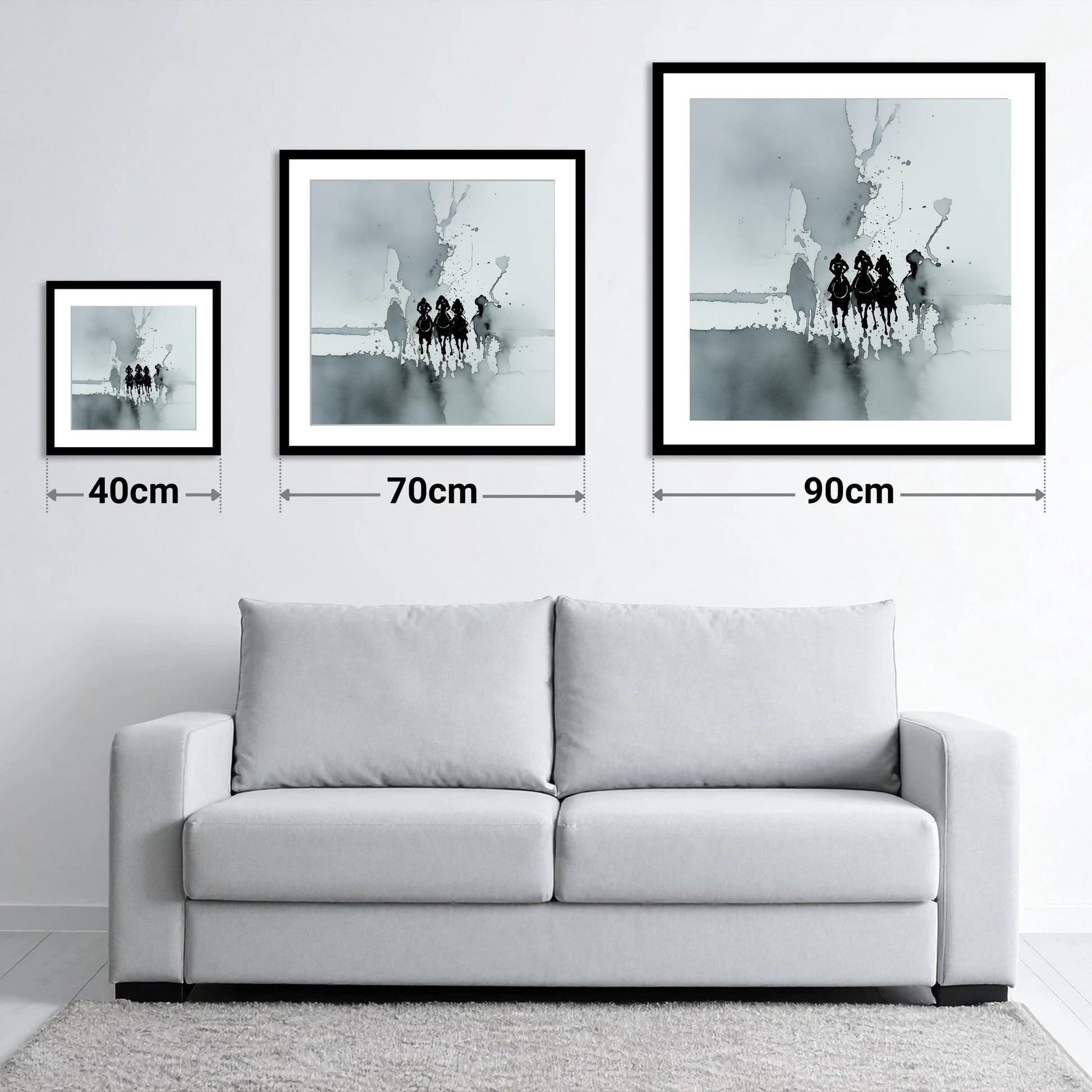 The Dawn Run - size guide showing 40cm, 70cm and 90cm art prints